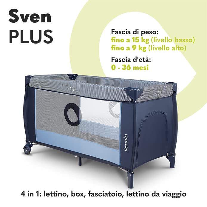 lionelo Sven 2in1 Box bambini dalla nascita fino 15kg Lettino pieghevole con Fasciatoio baldacchino Giocattoli Pendenti Ingresso laterale aggiuntivo Sistema LockGuard : Prima infanzia