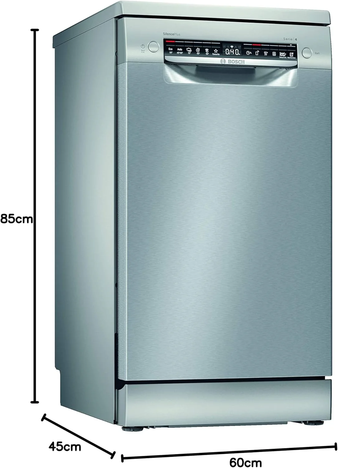 Bosch SPS4HMI61E Serie 4 Lavastoviglie a libera installazione / E / 45 cm / Acciaio inox / 76 kWh/100 cicli / 10 coperti / SuperSilence / Extra asciugatura / VarioCassetto / Home Connect