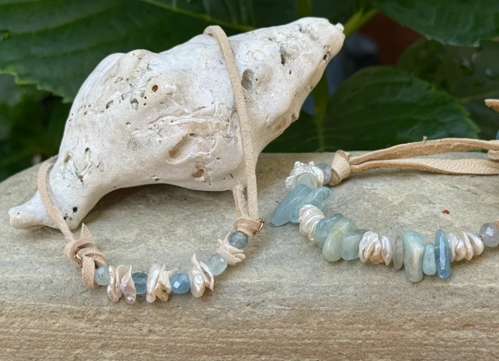 Keishi Pearl & Aquamarine Suede Leather Bracelet