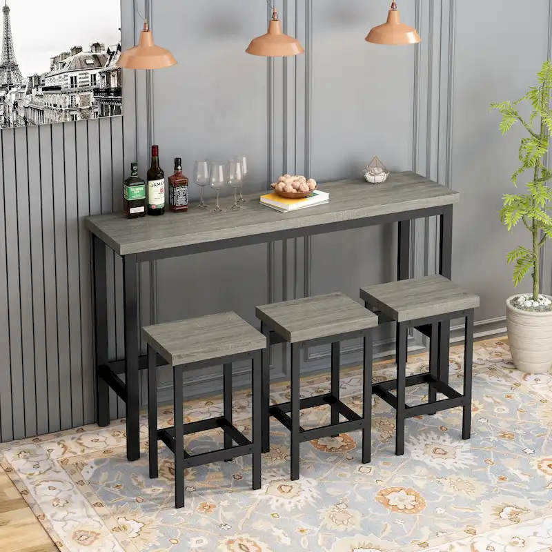 Extra Long Dining Table Set with 3 Stools Pub