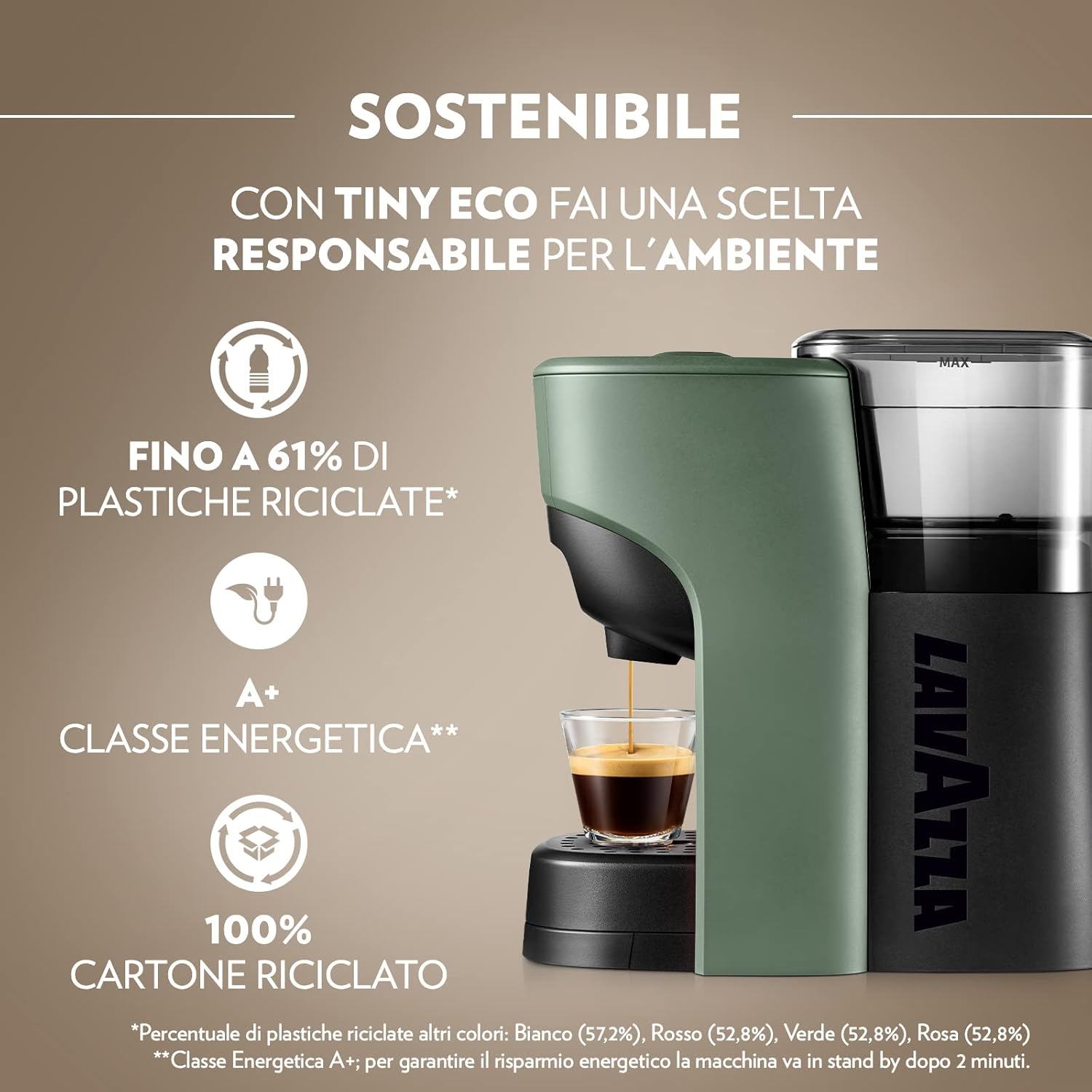 Lavazza, A Modo Mio Macchina per Caffè Tiny Eco Verde con 64 Capsule ¡Tierra! Assortite, Macchina per Espresso in Plastica Riciclata, 1450 W, 220-240 V, 50/60 Hz, 0.6 Litri