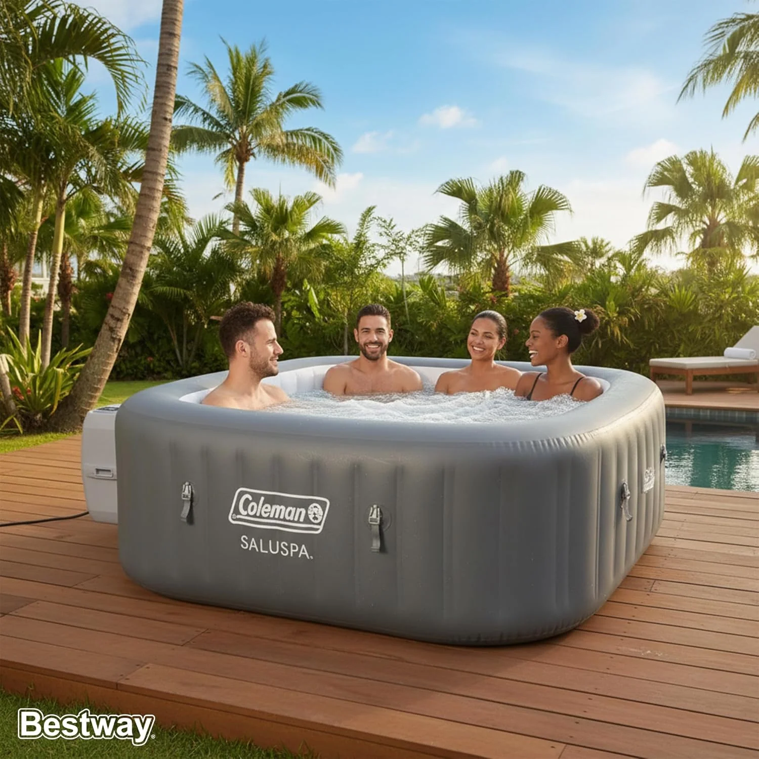 Coleman Hawaii 4-6 személyes felfújható pezsgőfürdő, négyzet alakú, energiatakarékos hordozható kültéri spa 140 légfúvókával, 180 cm x 71 cm