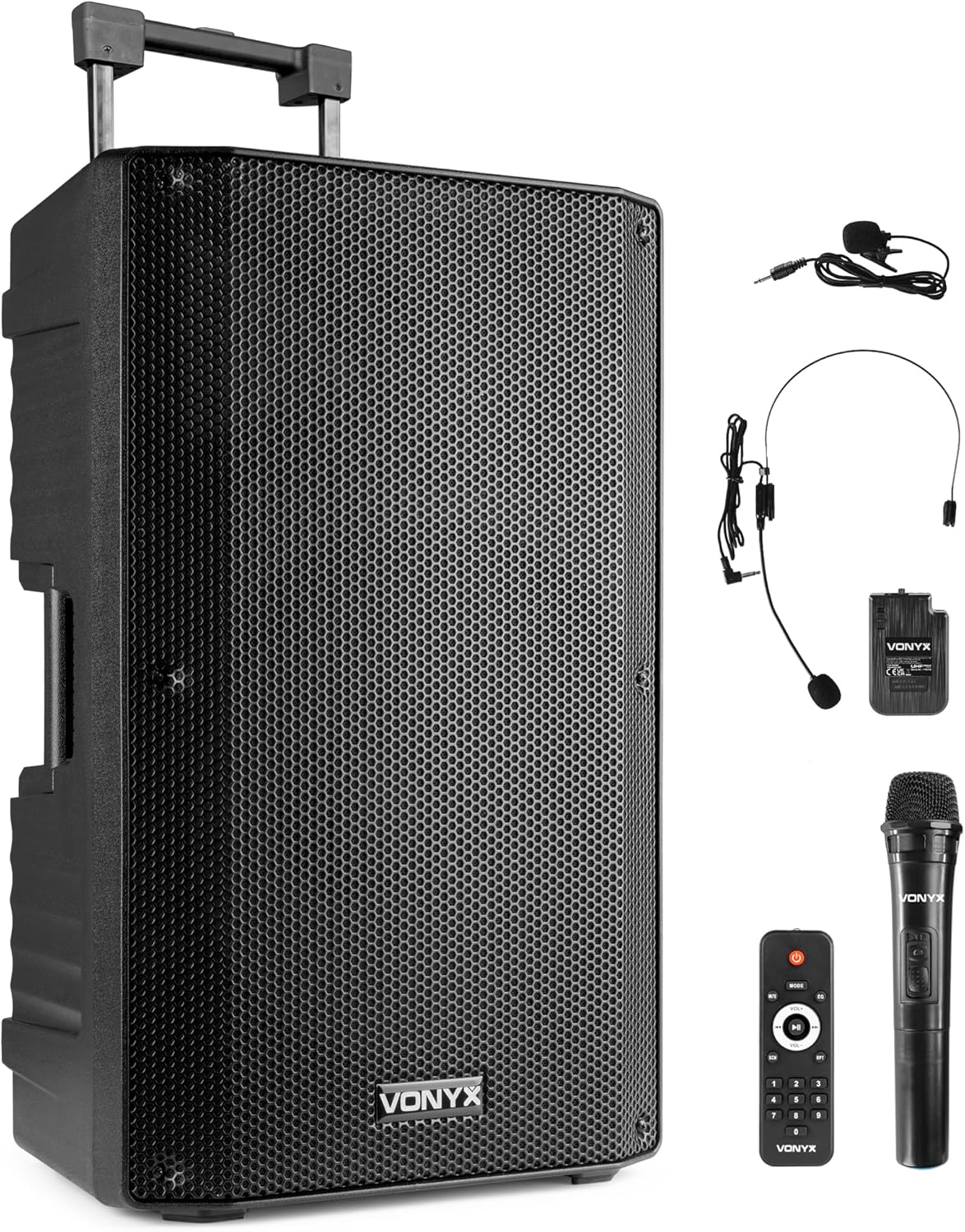 VONYX VSA700 Partybox Bluetooth Lautsprecher Groß 1000W, 8 Std Akku, Mobile PA Anlage Komplettset mit 2 UHF Hand Mikrofonen und Fernbedienung - Mobile Musikbox Groß, USB, SD, MP3, Schwarz