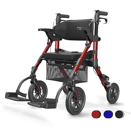 VOCIC Deambulatore per sedia a rotelle 2 in 1, pieghevole e leggero, con sedile, pneumatici in gomma per esterni, per tutti i terreni, leggeri con tasca a rete, in alluminio, colore rosso : Amazon.it: Salute e cura della persona