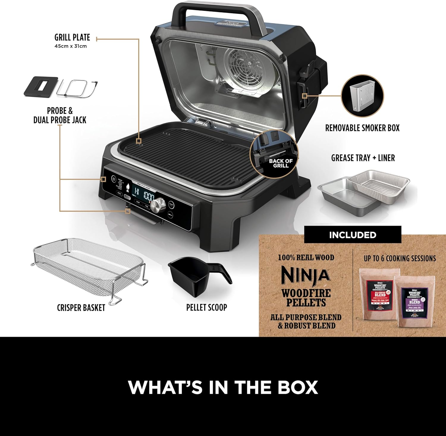 Ninja Woodfire Pro Connect XL Elektrischer Grill und Smoker mit App-Steuerung, digitaler Sonde, großer 7-in-1 Outdoor Grill und Luftfritteuse mit Woodfire Pellets