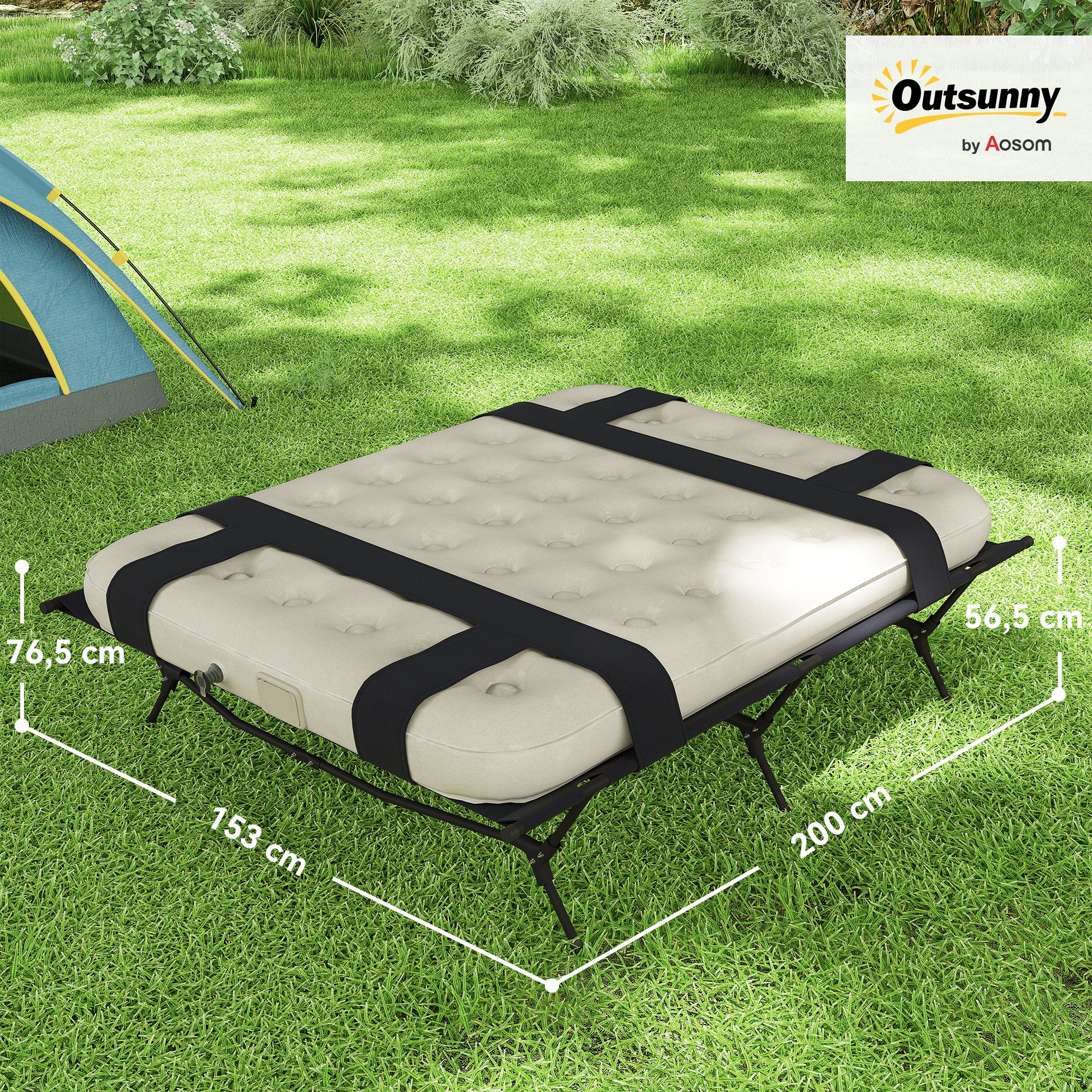 Outsunny Veldbed Kampeerbed met Luchtmatras en Pomp 200 x 153 cm Draagvermogen tot 200 kg Zwart+Khaki