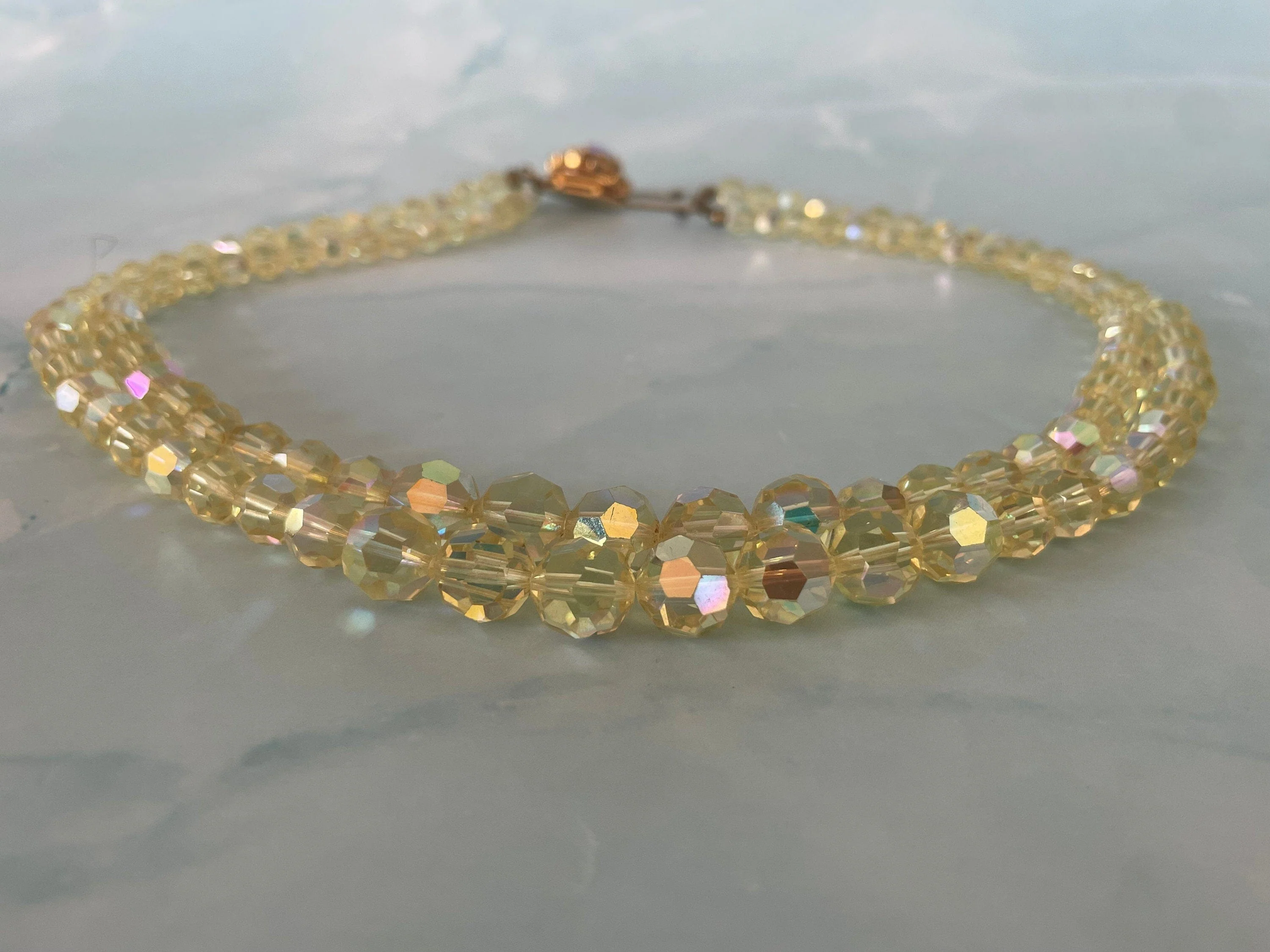 1950s Yellow Aurora Borealis Double Strand Crystal Necklace