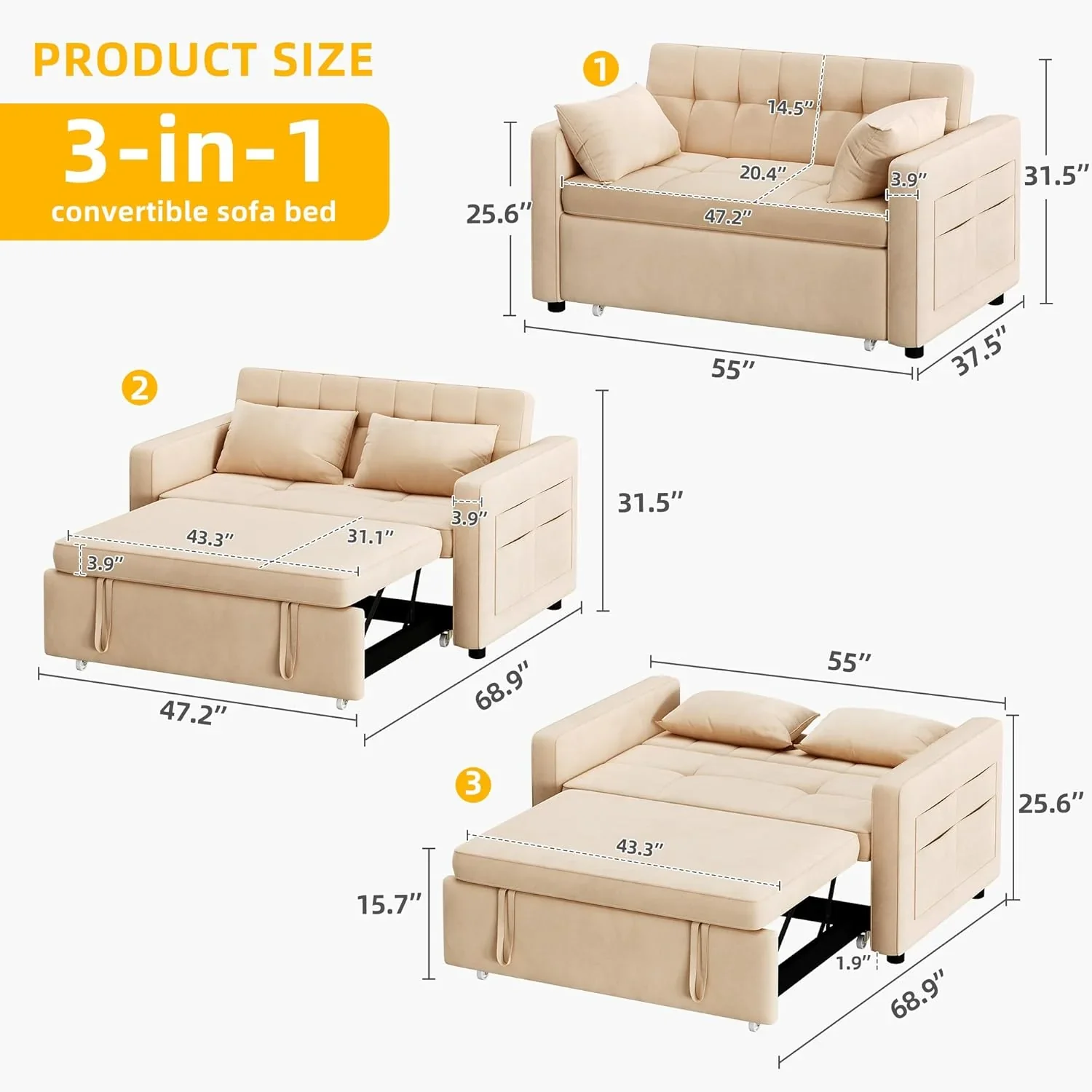 DWVO 3-in-1 Convertible Sofa Bed, 55