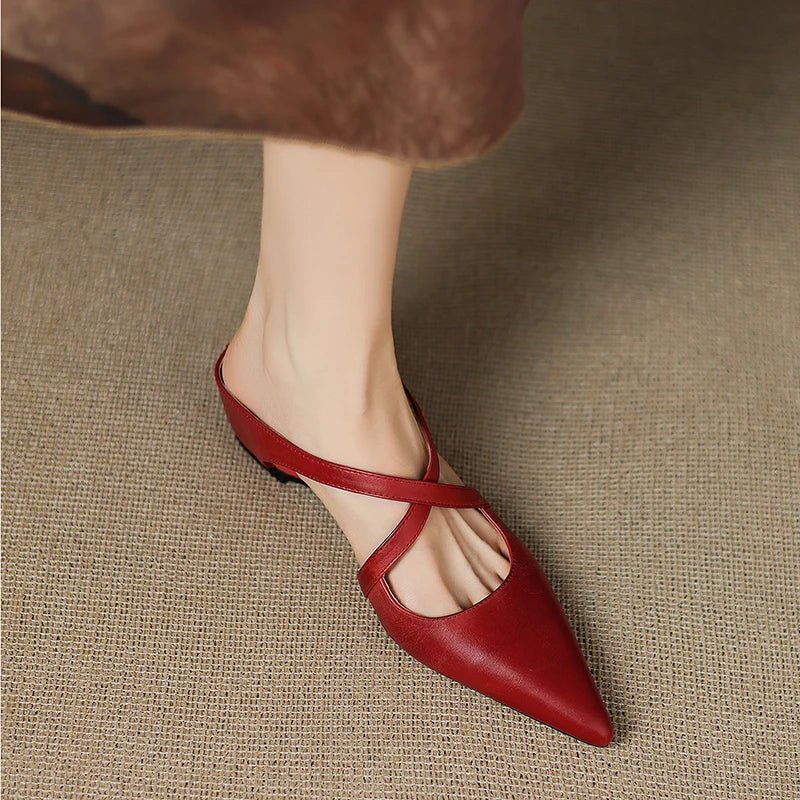 Women��s Leather Mules Pointed-Toe Cross-Strap Design with Low Heel
