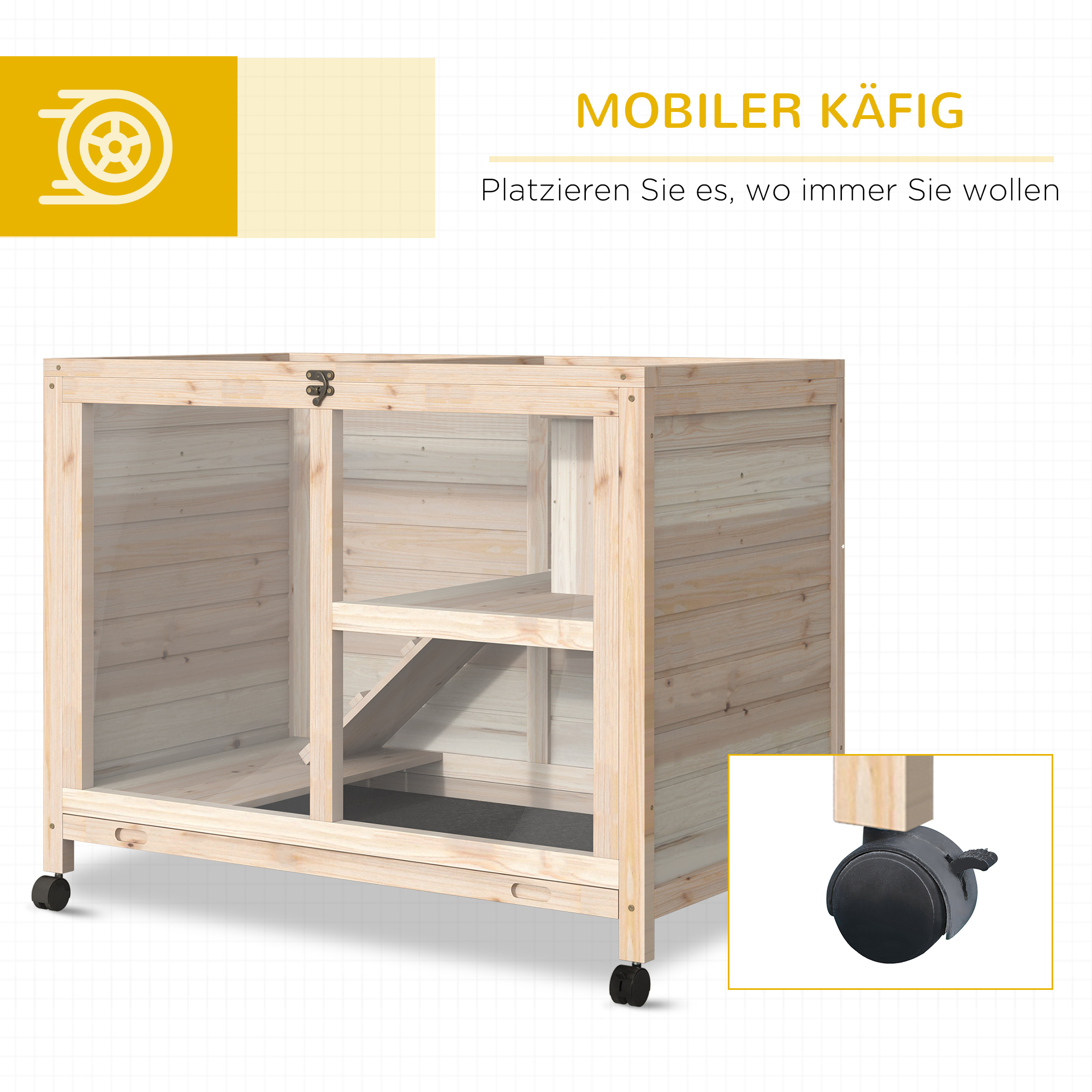 PawHut konijnenhok konijnenhok met twee verdiepingen op wielen massief hout naturel