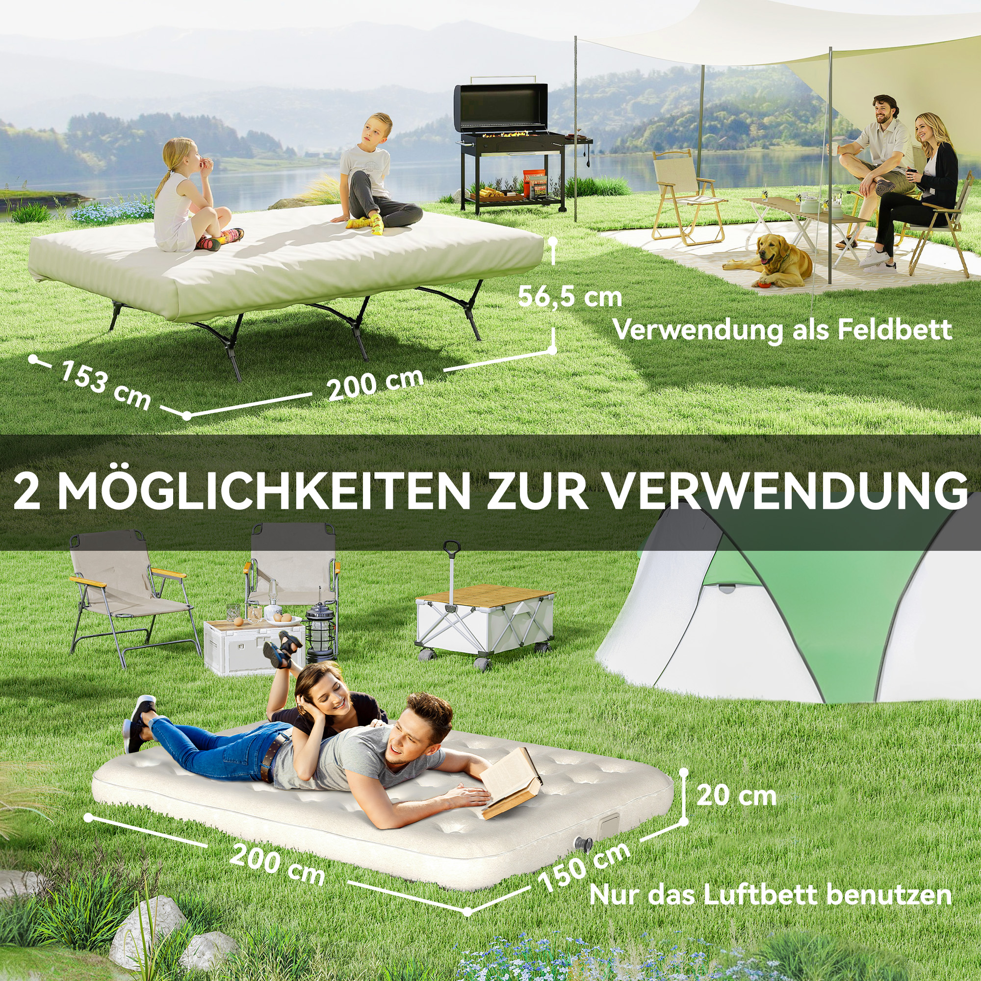 Outsunny Veldbed Kampeerbed met Luchtmatras en Pomp 200 x 153 cm Draagvermogen tot 200 kg Zwart+Khaki