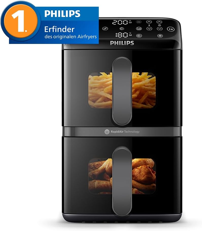Philips Airfryer 4000 Series Stacked Dual Basket, Gestapelte Heißluftfritteuse 2 Kammern, 10L, RapidAir Technologie, 45% weniger Platzbedarf, PFAS-freie Keramikbeschichtung, Sichtfenster (NA460/00)