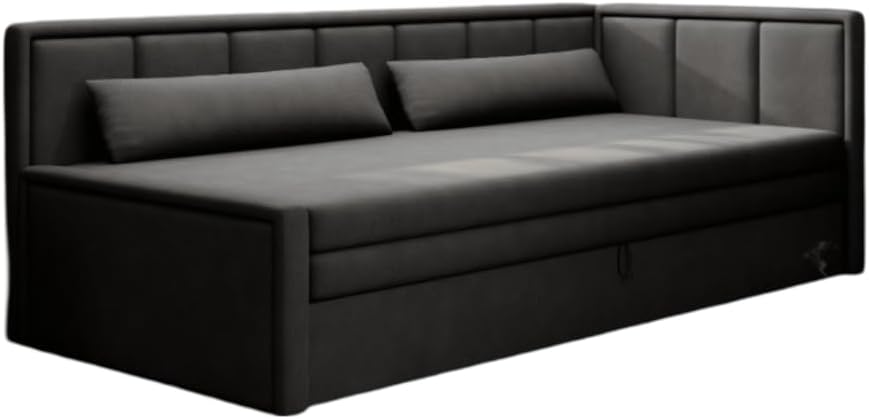 Luxusbetten24 Designer Sofa Fellano mit Schlaffunktion und Stauraum | Bezug: Samt | Farbe: Schwarz/Anthrazit | Stellvariante: Rechts
