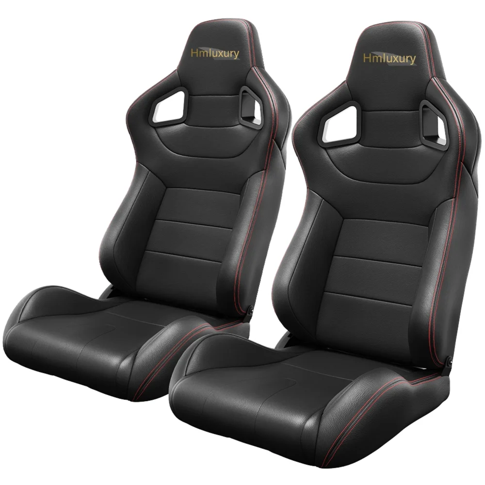 2025 Set van 2 Universele Racestoelen met Rode Stiksels, Rood PVC Kunstleer, Rugleuning met Carbon Afwerking, Verstelbaar en Reclinable (Bevestigingsbeugels niet inbegrepen) C Verpakking met 2 Stuks