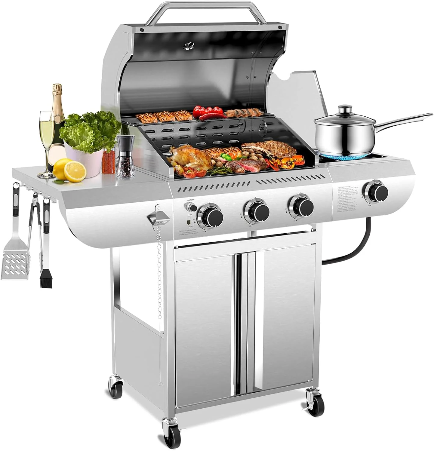 34,000 BTU 3-Burner Propane Gas Grill with Side Burner, All Stainless Steel BBQ Grill