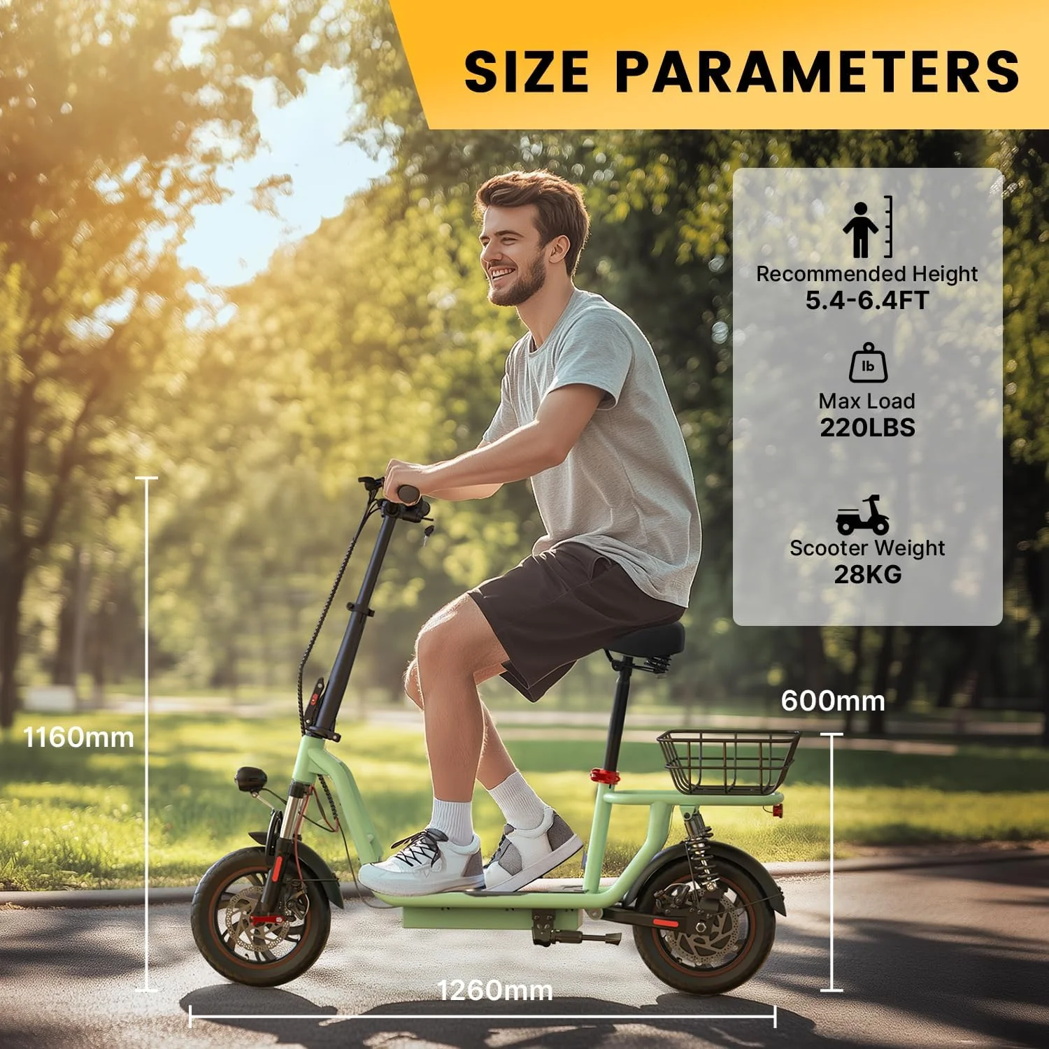 iScooter electric scooter with seat, 37/21 mile range, 28/19/15.6 mph top speed, dual suspension scooter with basket