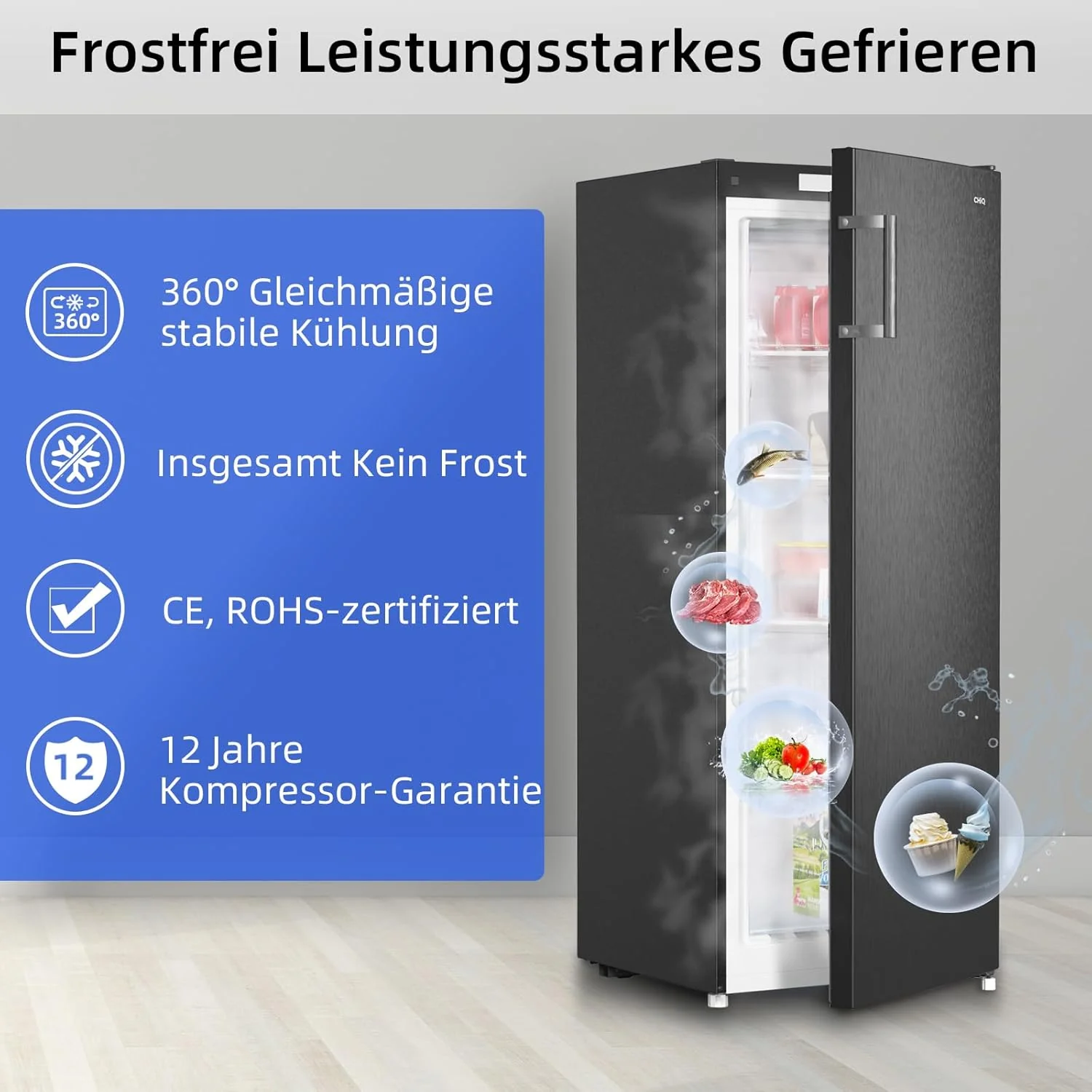 CHiQ FSD166NE4E Gefrierschrank 166 L, No Frost Technologie, Wechselbarer Türanschlag, Schwarzer Edelstahl, 144cm Höhe