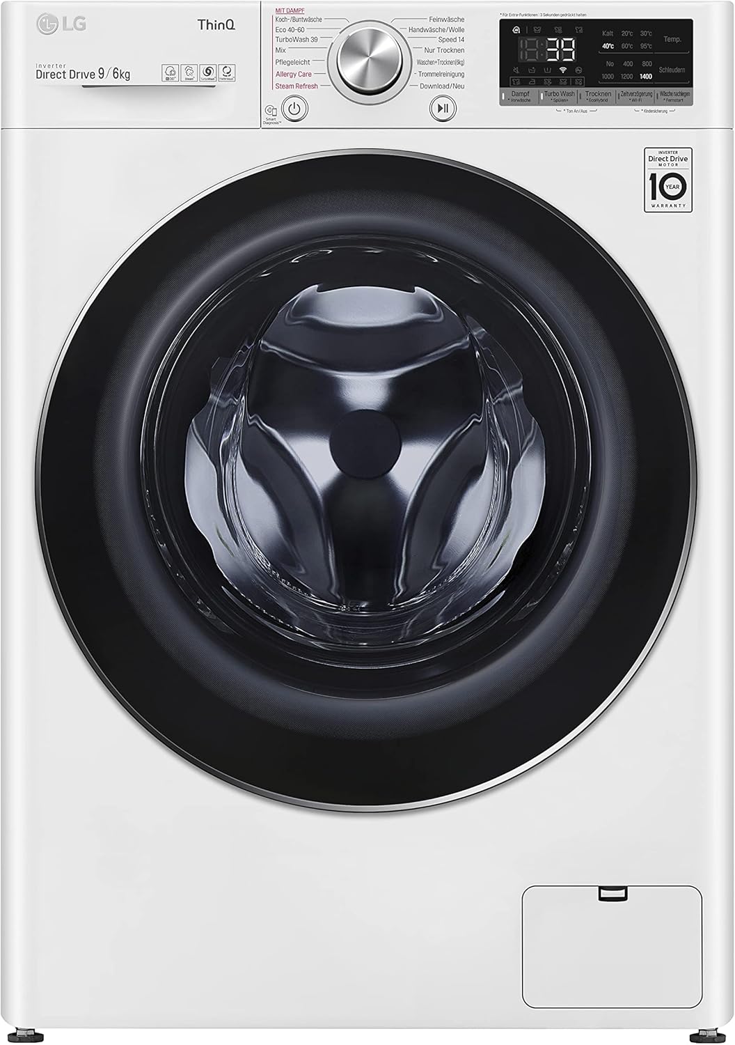 LG W4WR7096YB, Klasse D, Frontlader-Waschtrockner 9 - 6 kg, 62 x 60 x 85 cm, Wi-Fi, AI Direct Drive, Tiefenreinigung mit Dampf, TurboWash 360, Große Kapazität, Außentür aus gehärtetem Glas, Weiß