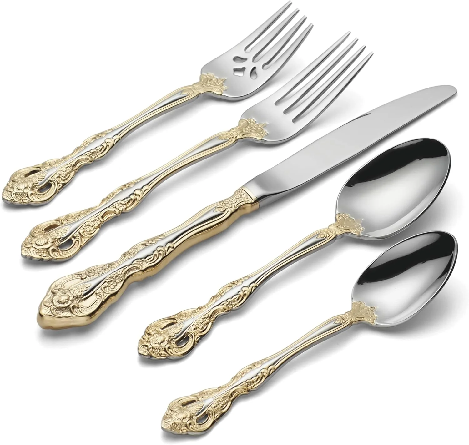 Oneida evőeszköz készlet, Golden Michelangelo 20 részes finom evőeszköz készlet, 4 személyes, 18/10 rozsdamentes acél, aranykarátos végekkel, kés, kanál és villa készletek, mosogatógépben mosható (arany/ezüst, 20 darab)
