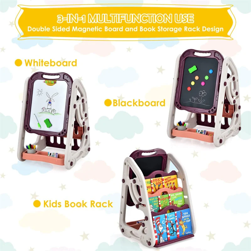 3-in-1 Kids Art Easel Double-Sided Magnetic Whiteboard & Chalkboard with Book Rack, Height Adjustable Standing Book Shelf Art Easel for Toddlers