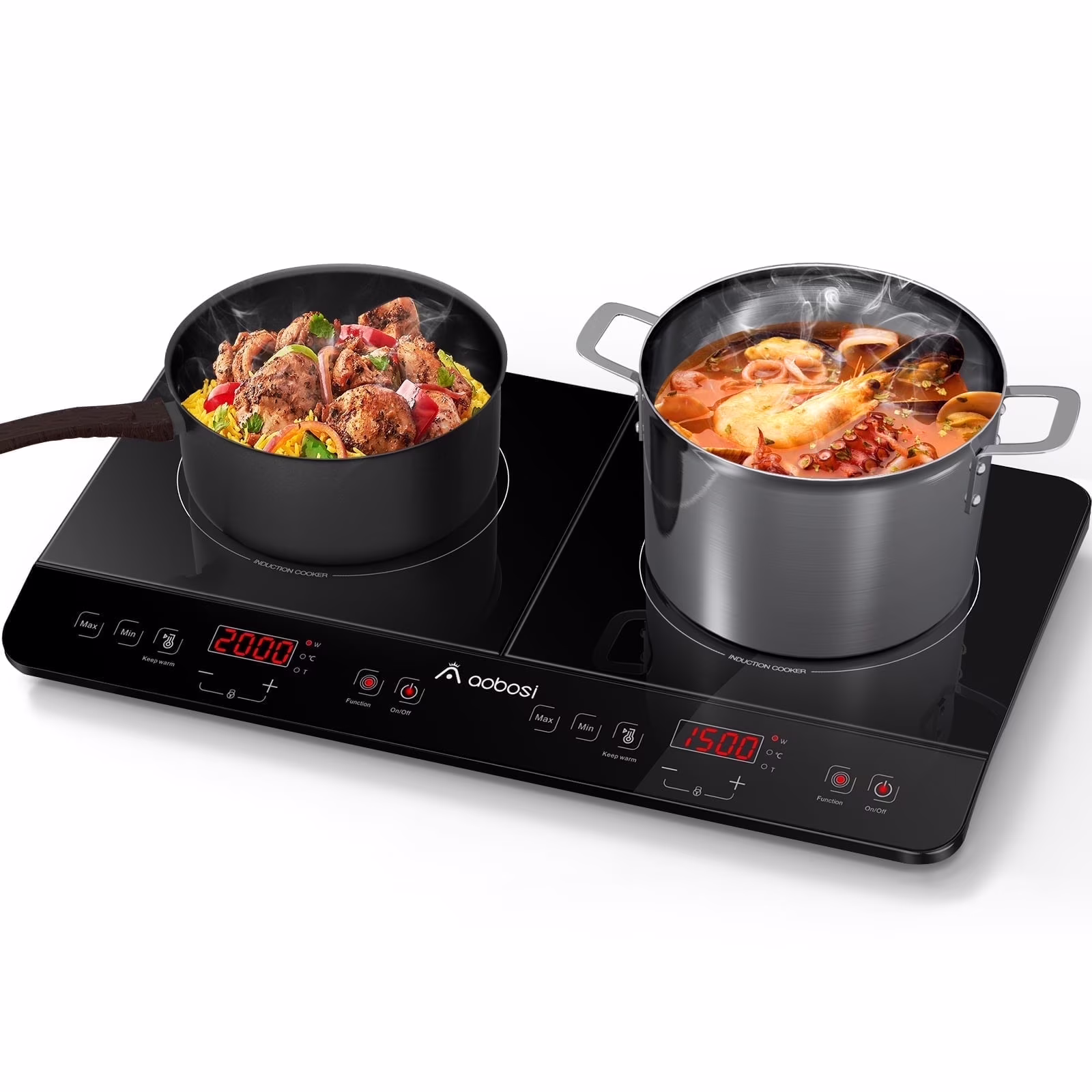 Aobosi Double Induction Cooktop with 2 Burners, 1800W Electric Stove Cooktop with Sensor Touch, 10 Temperature 9 Power Settings