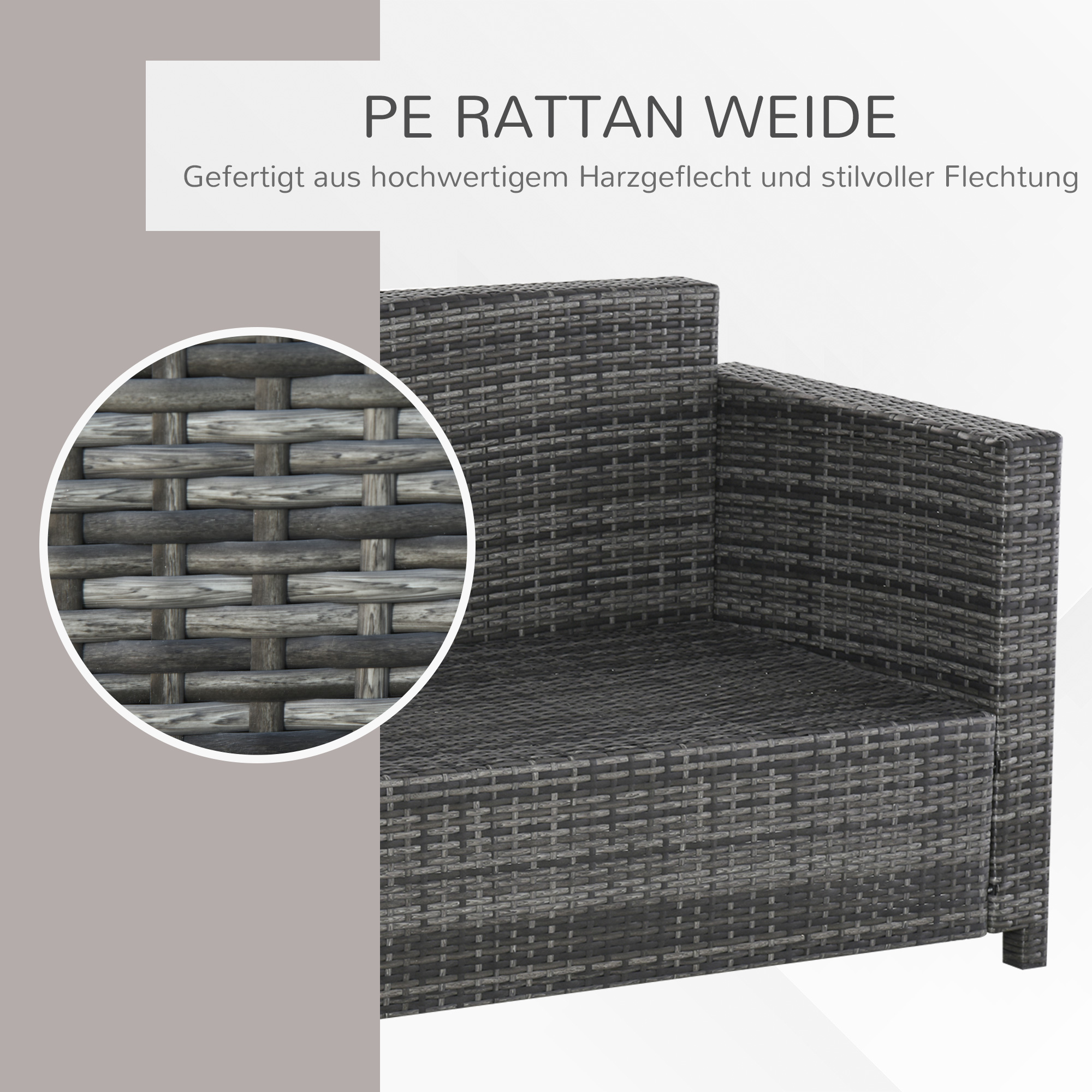 Outsunny Poly-rotan bank met kussens 3-zits loungebank tuin metaal polyester grijs