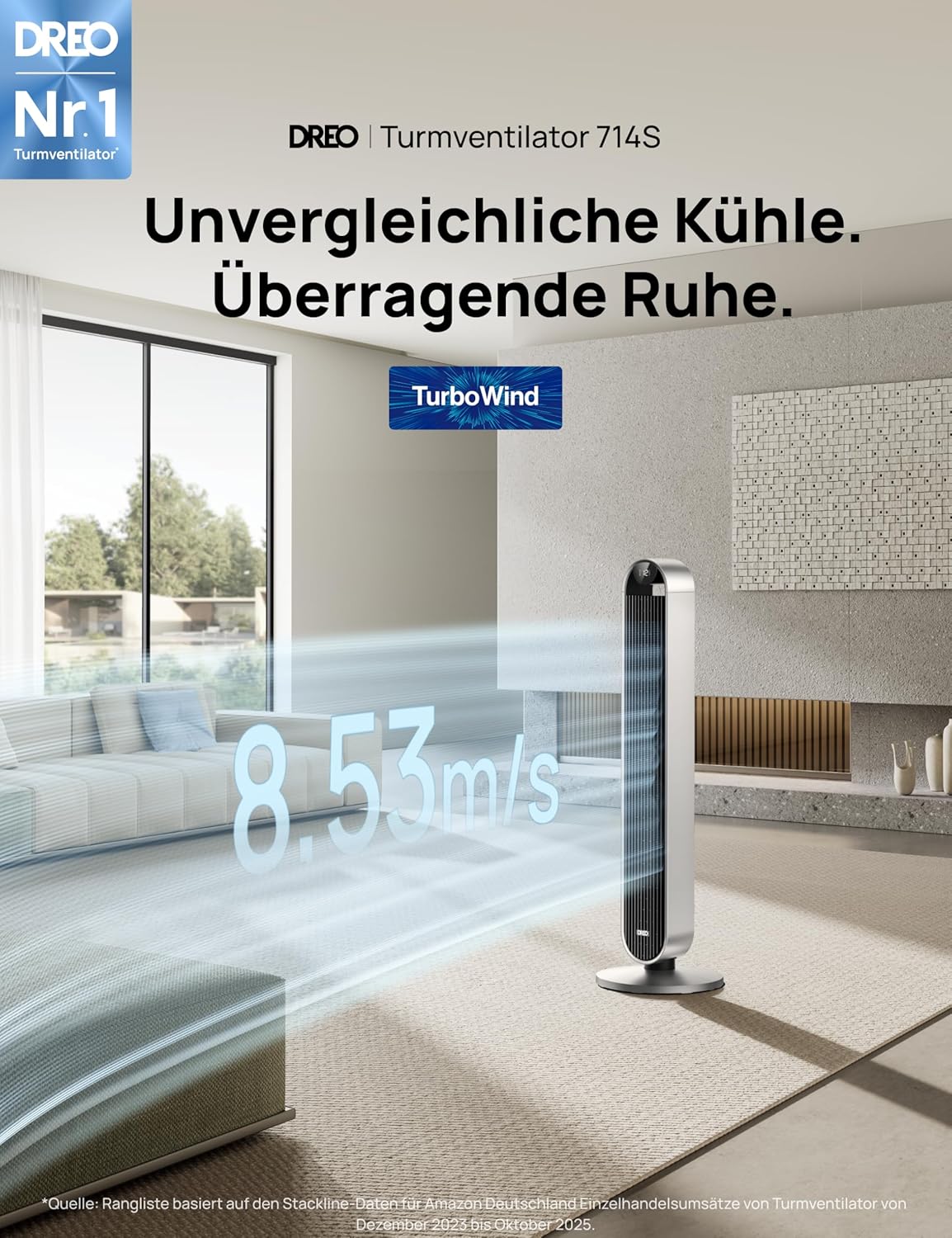 DREO Intelligens toronyventilátor extra csendes, 120° oszcilláló ventilátor hűtéssel, 25dB álló ventilátor távirányítóval hálószobába, 12 sebességfokozat, 4 üzemmód, 12 órás időzítő, Pilot Max S