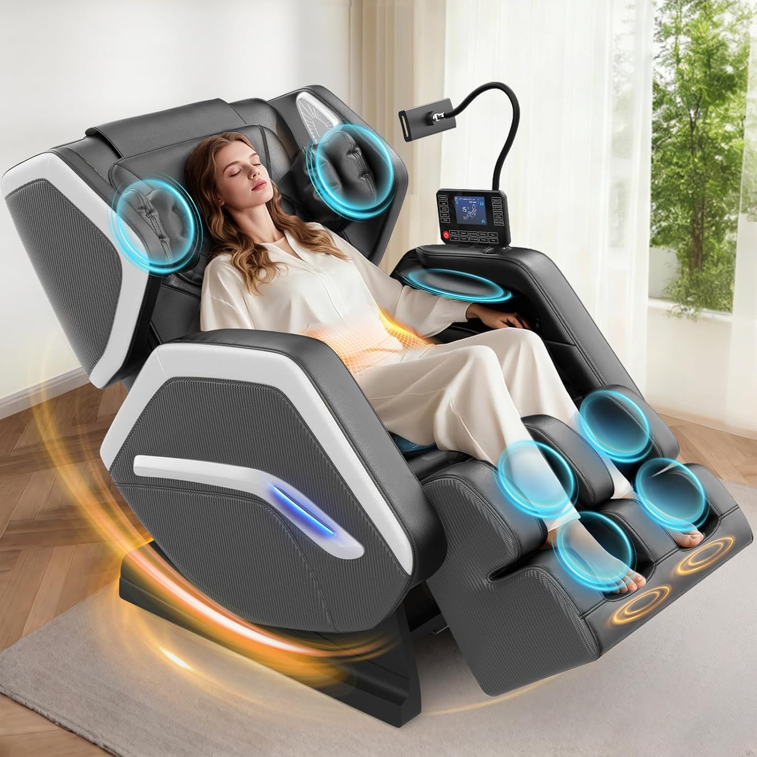 Poltrona massaggiante, Poltrona massaggiante per tutto il corpo, 14 rulli massaggianti, riscaldamento schiena e gambe, massaggio piedi, 8 airbag, altoparlanti Bluetooth, telecomando touch per
