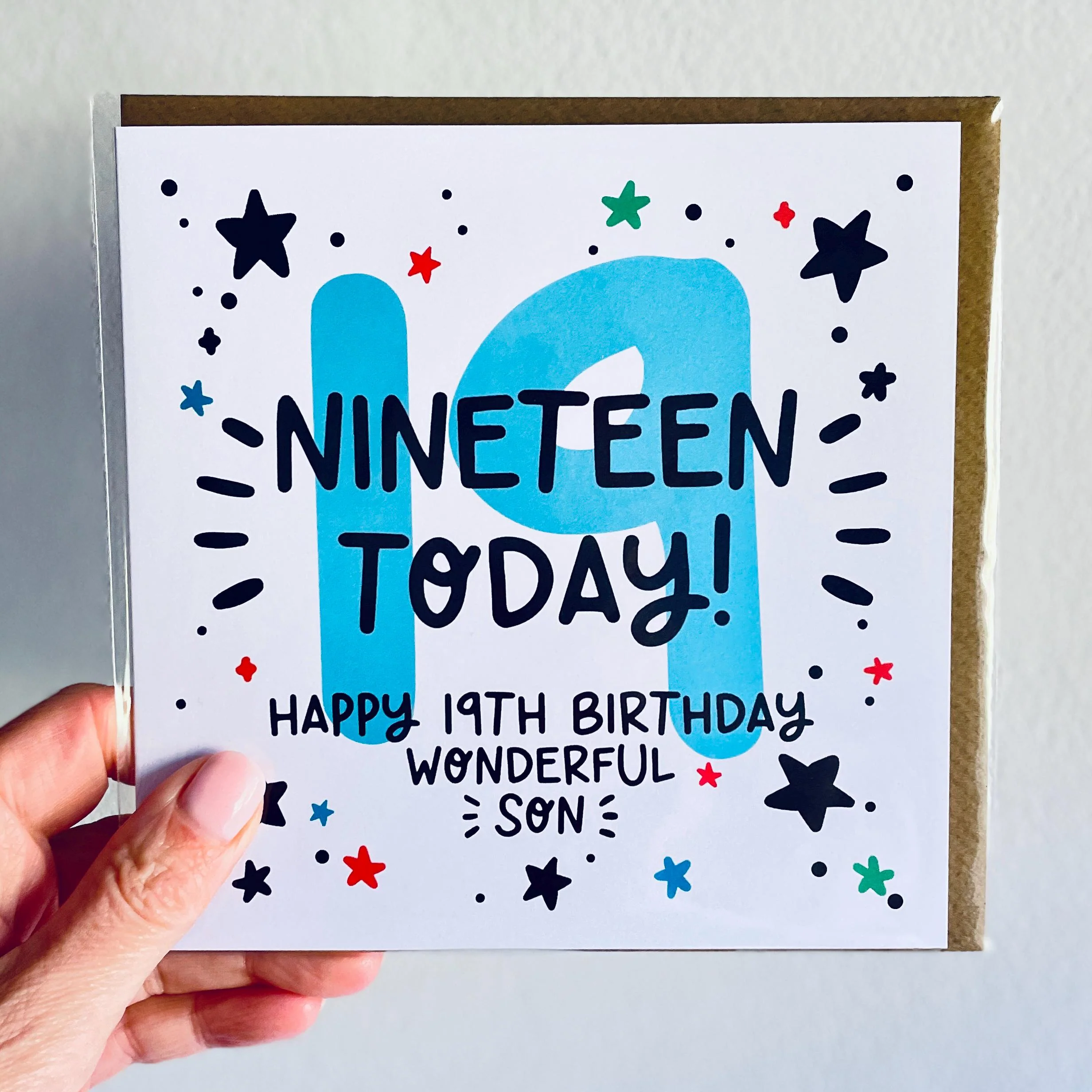 Son 19th Birthday Card: Blue 19, Nineteen Today with Stars and Kraft Envelope