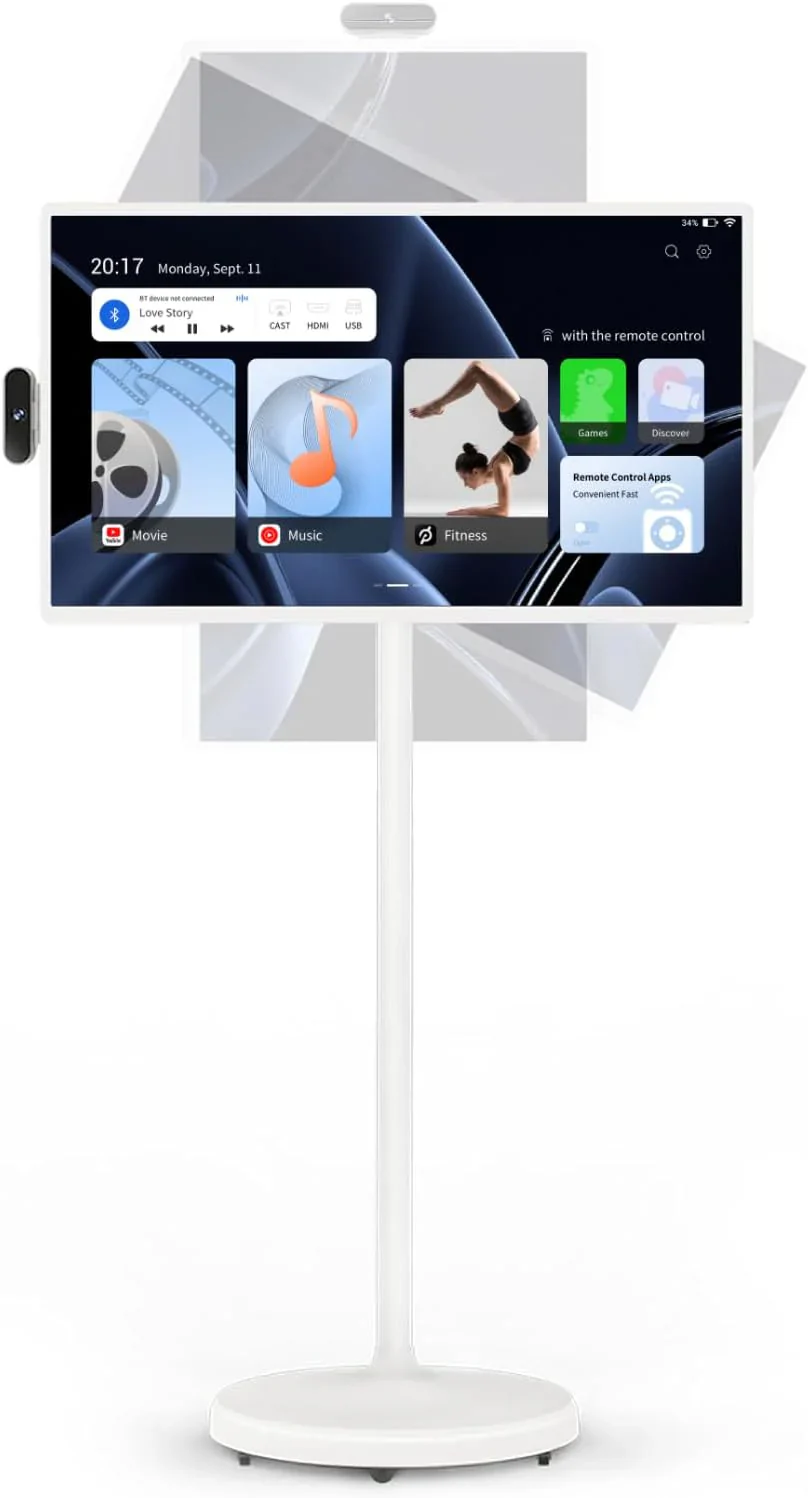 32 hüvelykes hordozható TV, 1080P FHD gördíthető TV kerekeken, forgatható érintőképernyővel, Android 13 OS, 8G RAM+128G tárhely, beépített akkumulátor, teljes elforgatási lehetőség, hangvezérléses távirányító