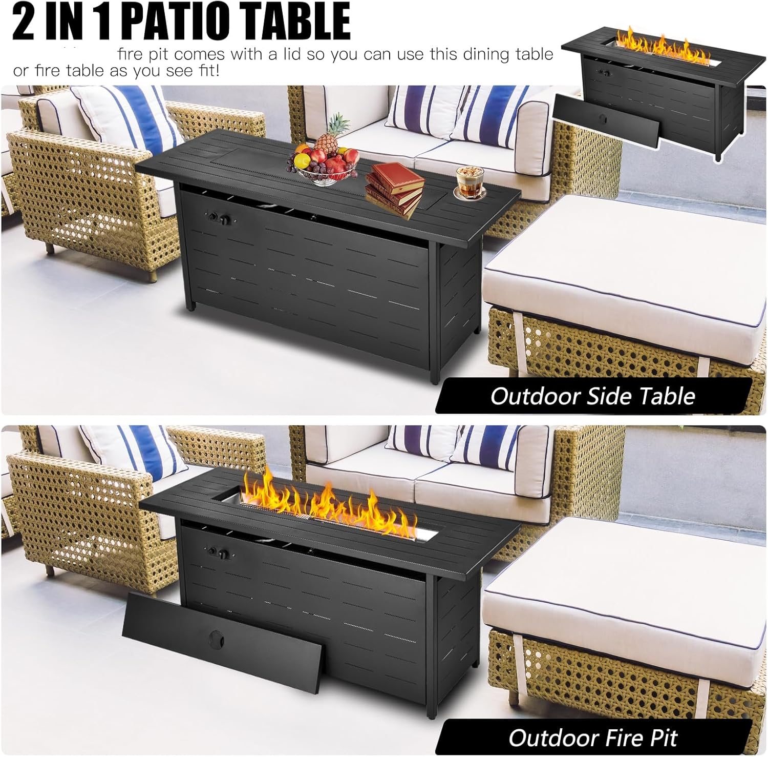 EcoNook 57 inch Propane Fire Pit Table,50000 BTU Gas Fire Pits Table with Lid & Lava Rock & Waterproof Cover, Outdoor Propane Firepit for Dining or Party, Outside, Patio, Garden, Yard