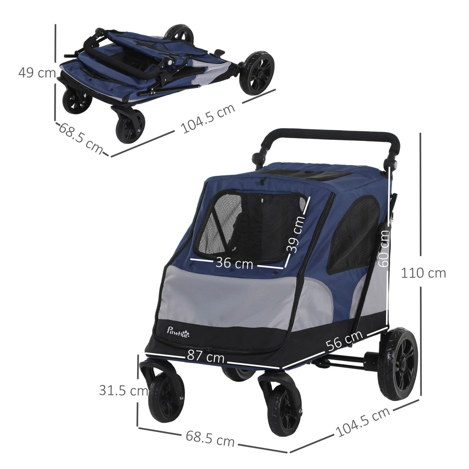 EASYCOMFORT Passeggino per Cani fino a 30kg Pieghevole con Manubrio Regolabile, Grigio e Blu