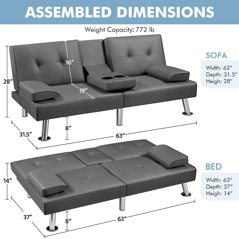 Yaheetech Faux Leather Convertible Futon Sofa Bed 3-In-1 Adjustable Futon Couch