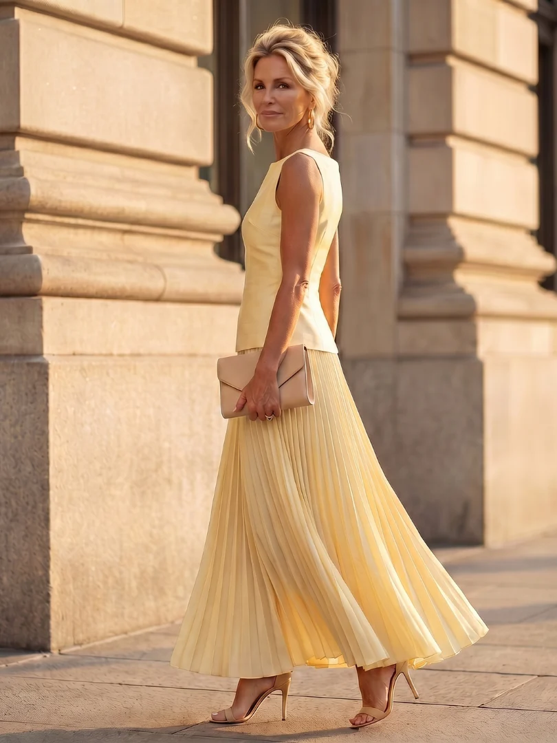 Women��s Two-Piece Set Structured Bodice with Pleated Full-Length Skirt
