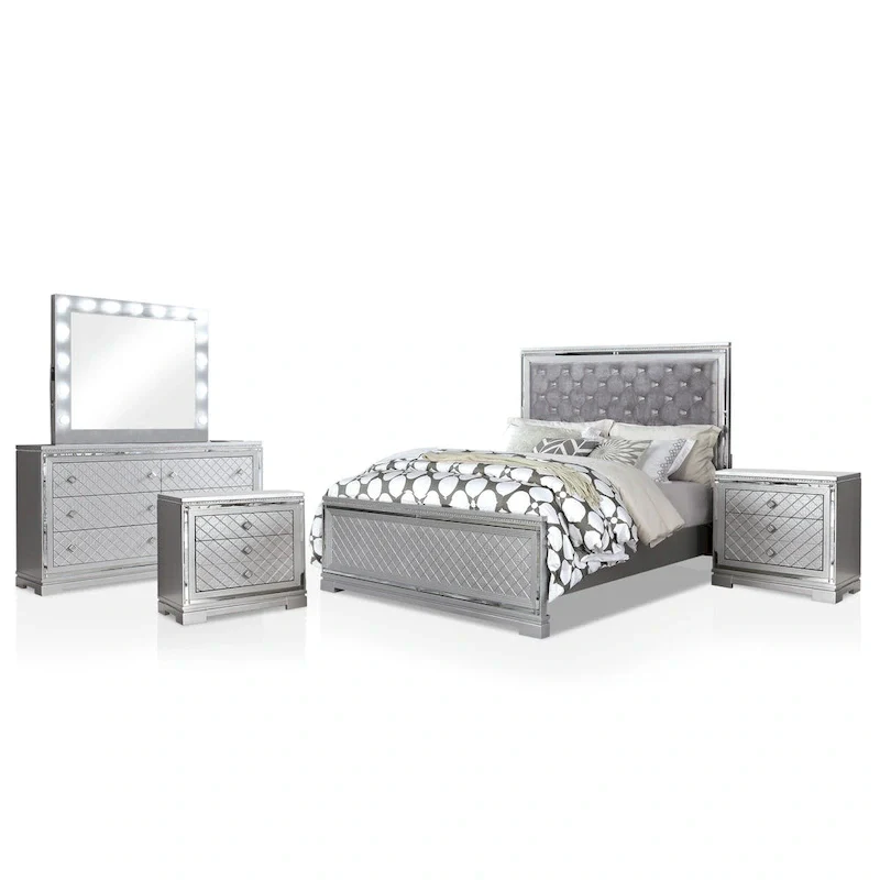 Seleena Glam Silver Wood 5-Piece Tufted Panel Bedroom Set with USB Port by Furniture of America