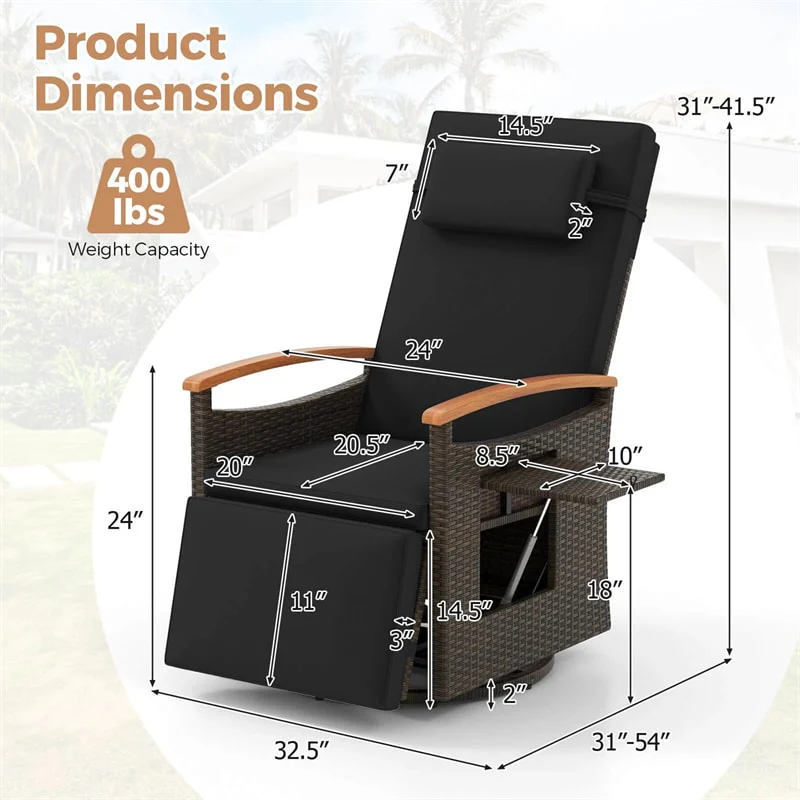 Outdoor Rattan 360° Swivel Recliner Chair, Patio Wicker Chaise Lounge Chair with Adjustable Backrest & Footrest, Flip Side Table & Cushions