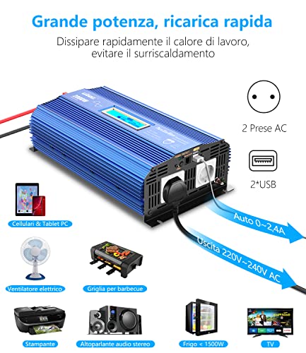 Giandel Power Inverter 2000W Onda Sinusoidale Pura Convertitore DC 12V a AC 220V 230V con telecomando & LCD Display e 2 presa AC e 2 Porte USB per auto,camion camper : Amazon.it: Elettronica