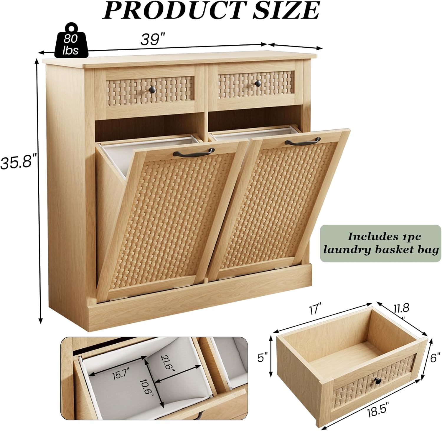 Double Tilt Out Laundry Hamper Cabinet, Rattan-Style Laundry Room Organization with Removable Laundry Basket, Hidden Wood Dirty Clothes Hamper with Drawers, 39