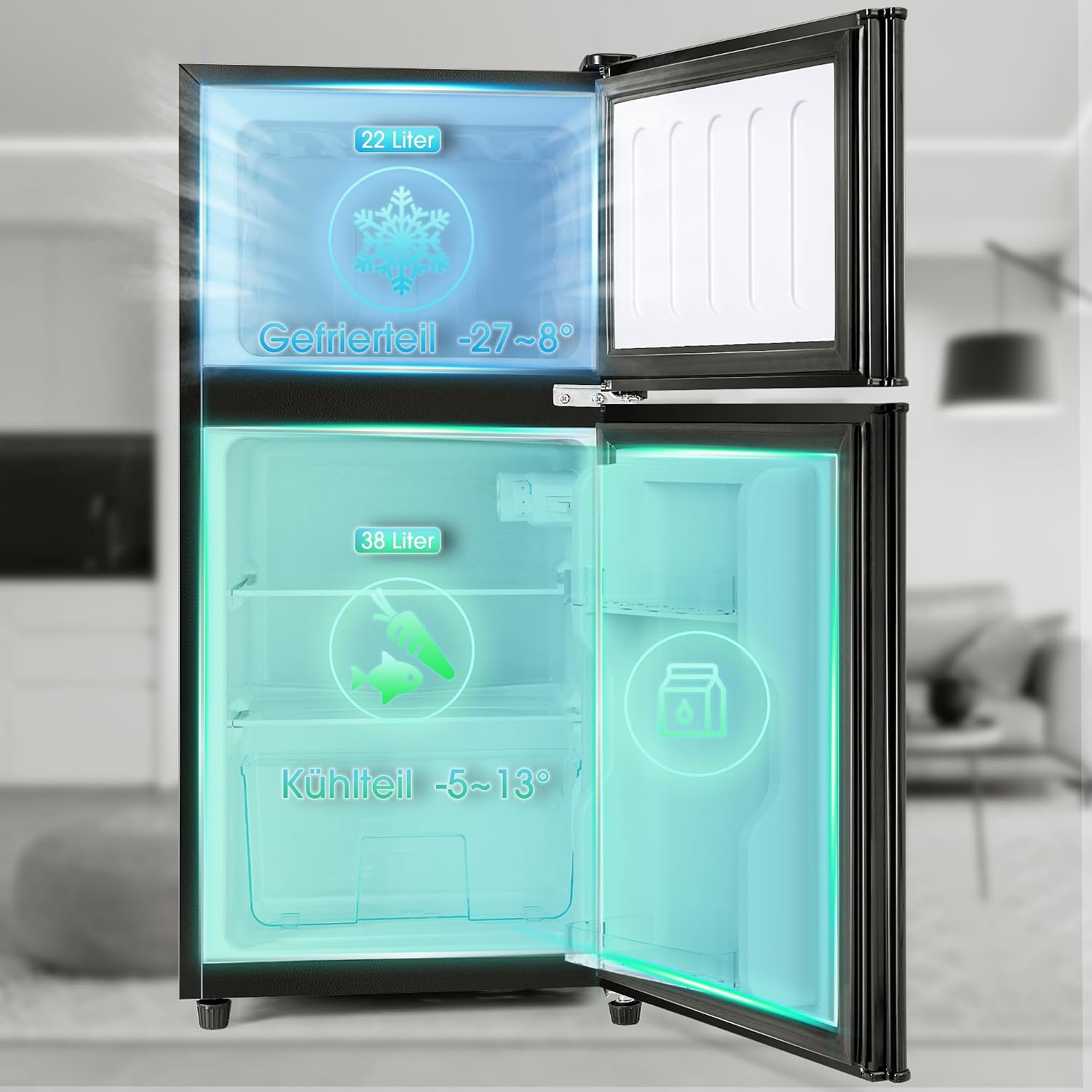 Kühl-Gefrierkombination, Doppeltür, 60 Liter(22 Liter Gefriervolumen, 38 Liter Kühlvolumen 102 kWh/Jahr, LED-Licht，Schwarz