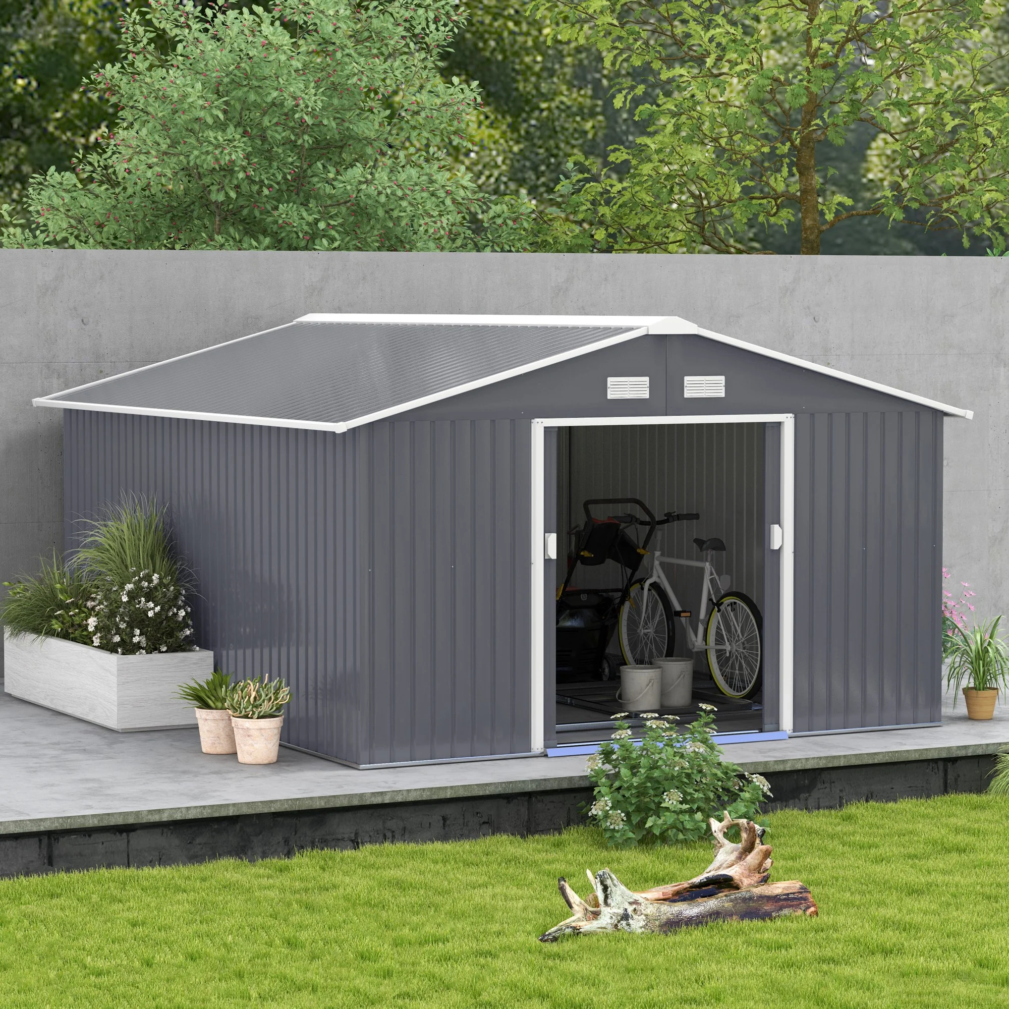 Outsunny Gereedschapsschuur met fundering 24,5 m³ gereedschapsschuur tuinhuisje stalen schuifdeur