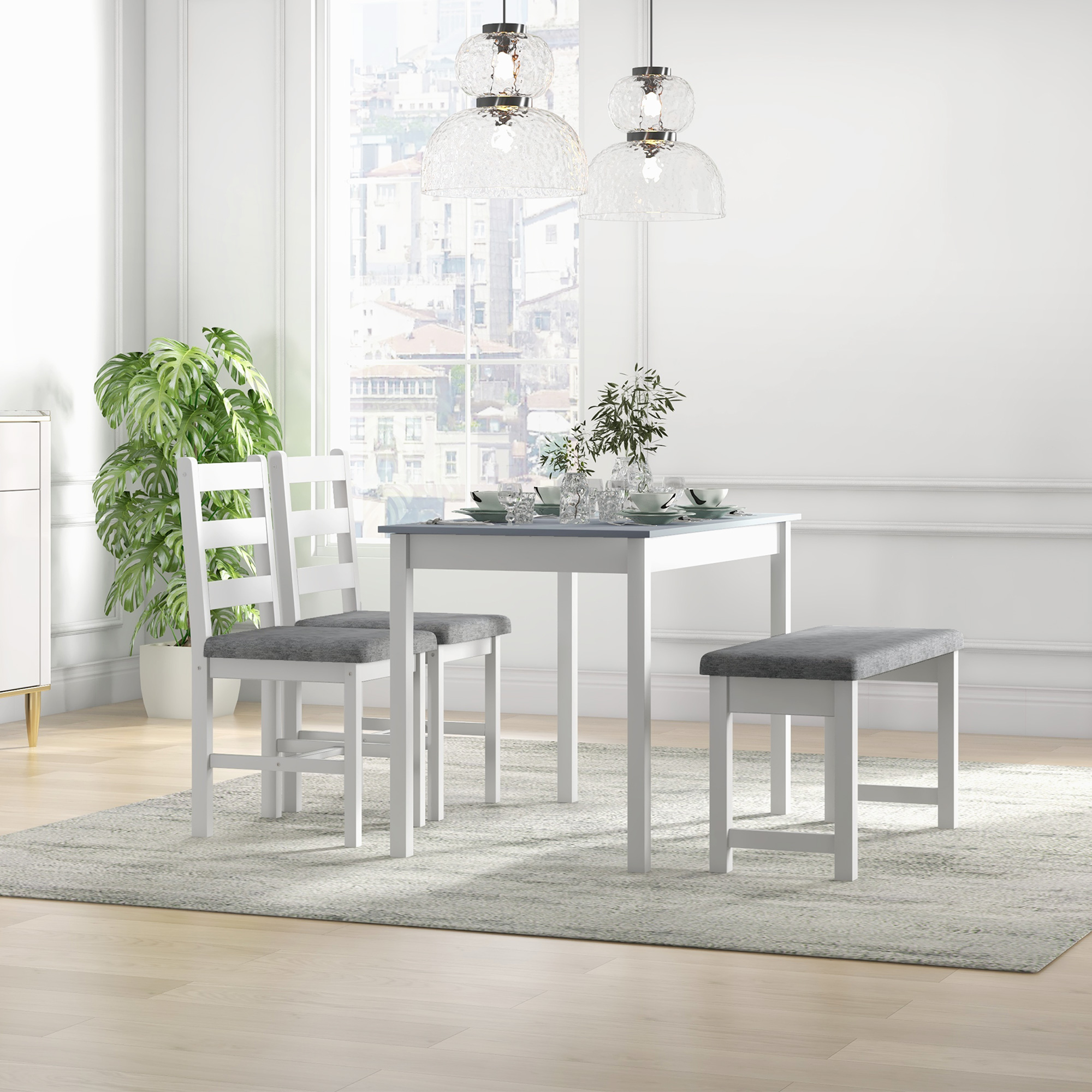 HOMCOM 4-delige eetset, 1 tafel, 1 bank, 2 stoelen, grijs+wit