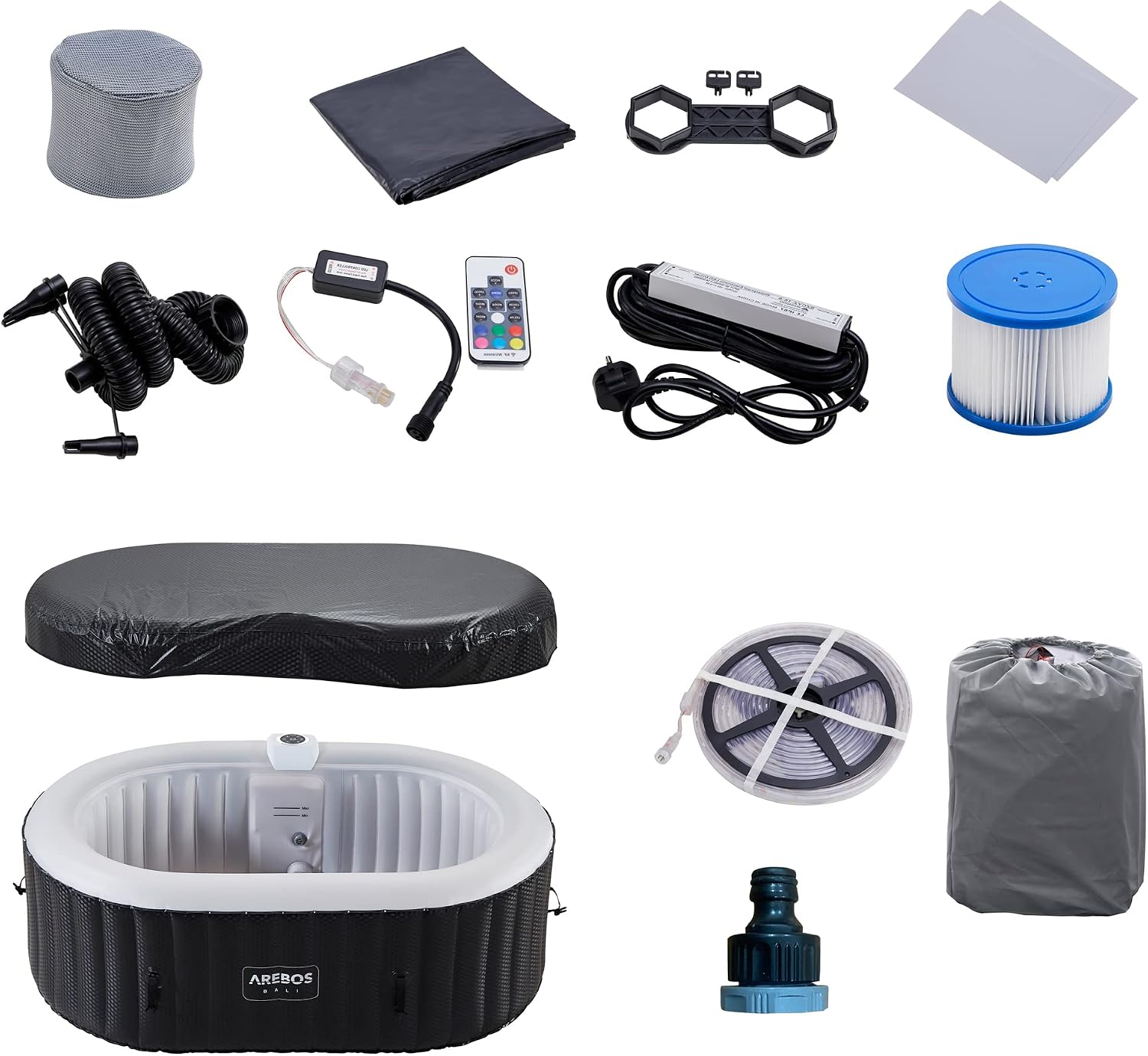 Arebos Whirlpool mit LED Beleuchtung | Aufblasbar | In- & Outdoor | 190x120 cm oval | 2 Personen | 90 Massagedüsen | mit Heizung | 550 Liter | Inkl. Abdeckung | Bubble Spa & Wellness Massage