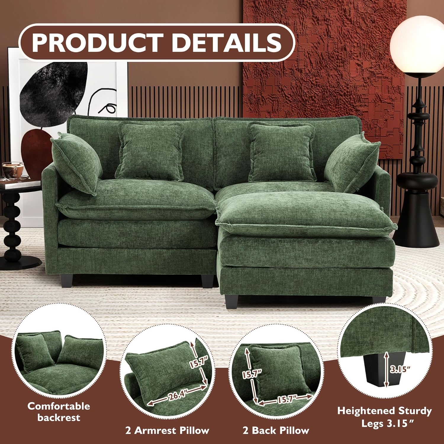 111.4 Inch L-Shaped Modern Sofa Modular Cloud Sofa Ottoman 4-Seater Chenille Deep Seat Sofa