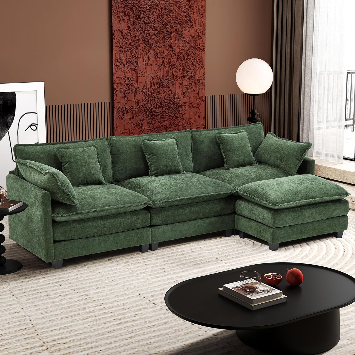 Ihanherry 146" U-Shaped Modern Sofa Modular Sectional Cloud Couch with 2 Ottoman, 6-Seat Chenille Deep Seat Sofa with 6 Pillows for Living Room, Bedroom and Apartment, Grey