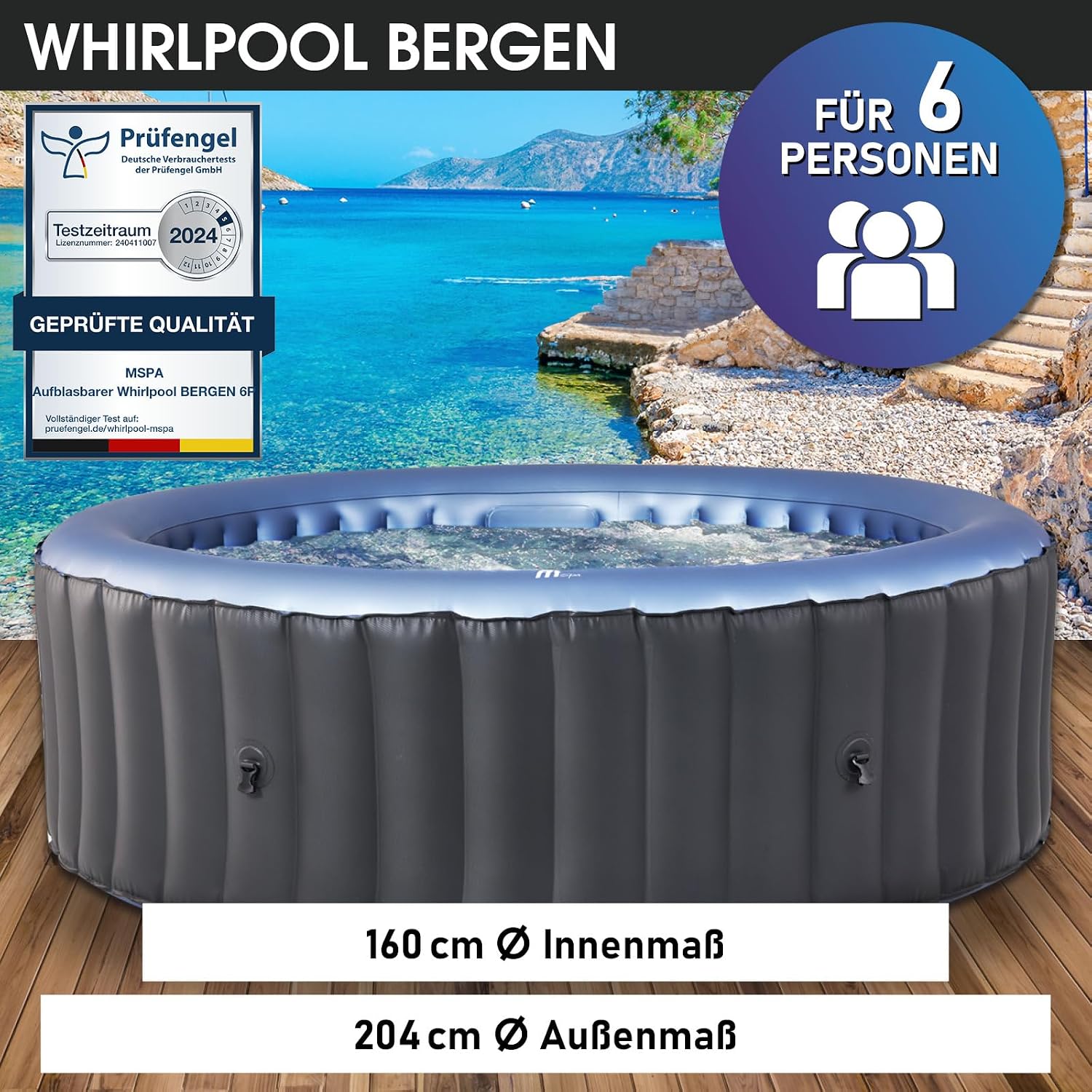 BRAST Whirlpool aufblasbar MSpa Bergen für 4-8 Personen | viele Größen Ø180-224cm | In- Outdoor Pool | Ganzjähriger Einsatz | bis zu 144 Massagedüsen | Stromsparend inkl. Energiespar-Timer | Bergen 6