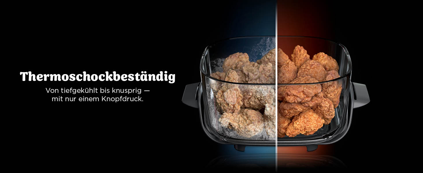 El texto dice „Resistente al choque térmico“. Recipiente de vidrio o plástico en el que se muestran alimentos en condiciones de iluminación oscura.
