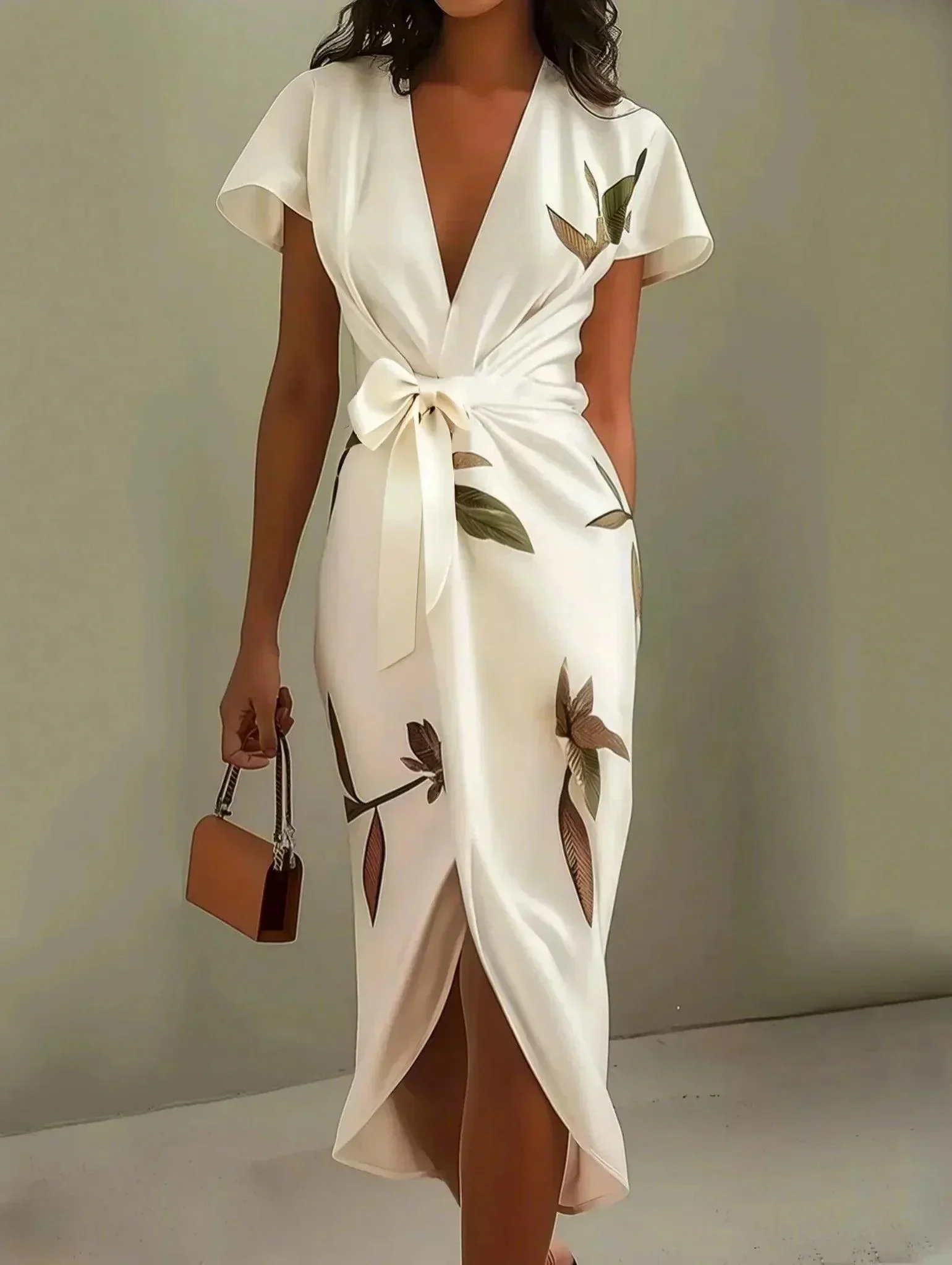 Womena??s Floral Wrap Midi Dress Elegant Tie-Waist Style