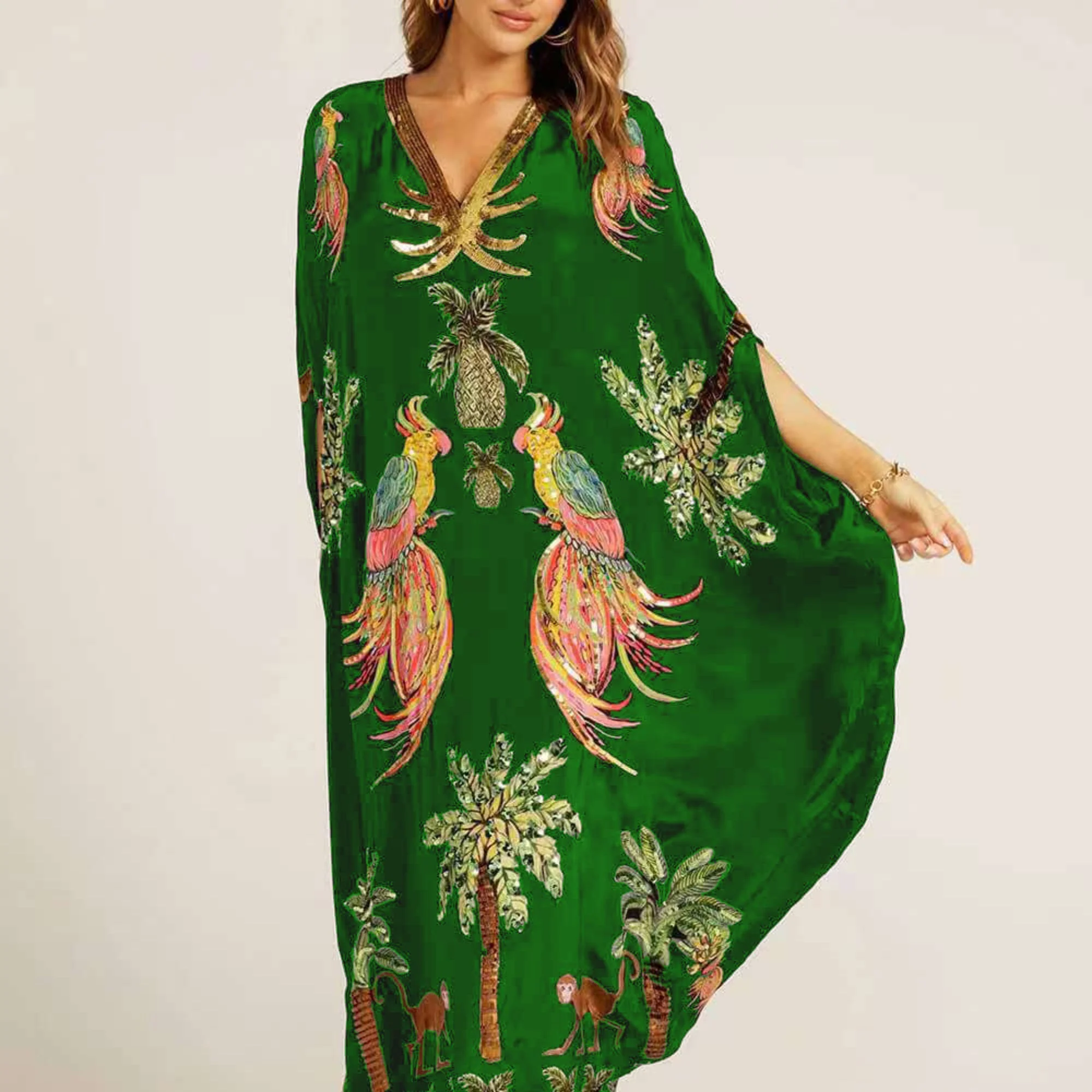 Women��s Tropical Print Kaftan Dress Loose-Fitting Summer Style