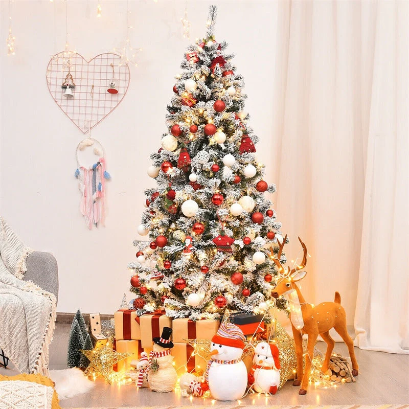 Premium Pre-Lit Snow Flocked Artificial Christmas Tree with Hinged Branch Tips & LED Lights