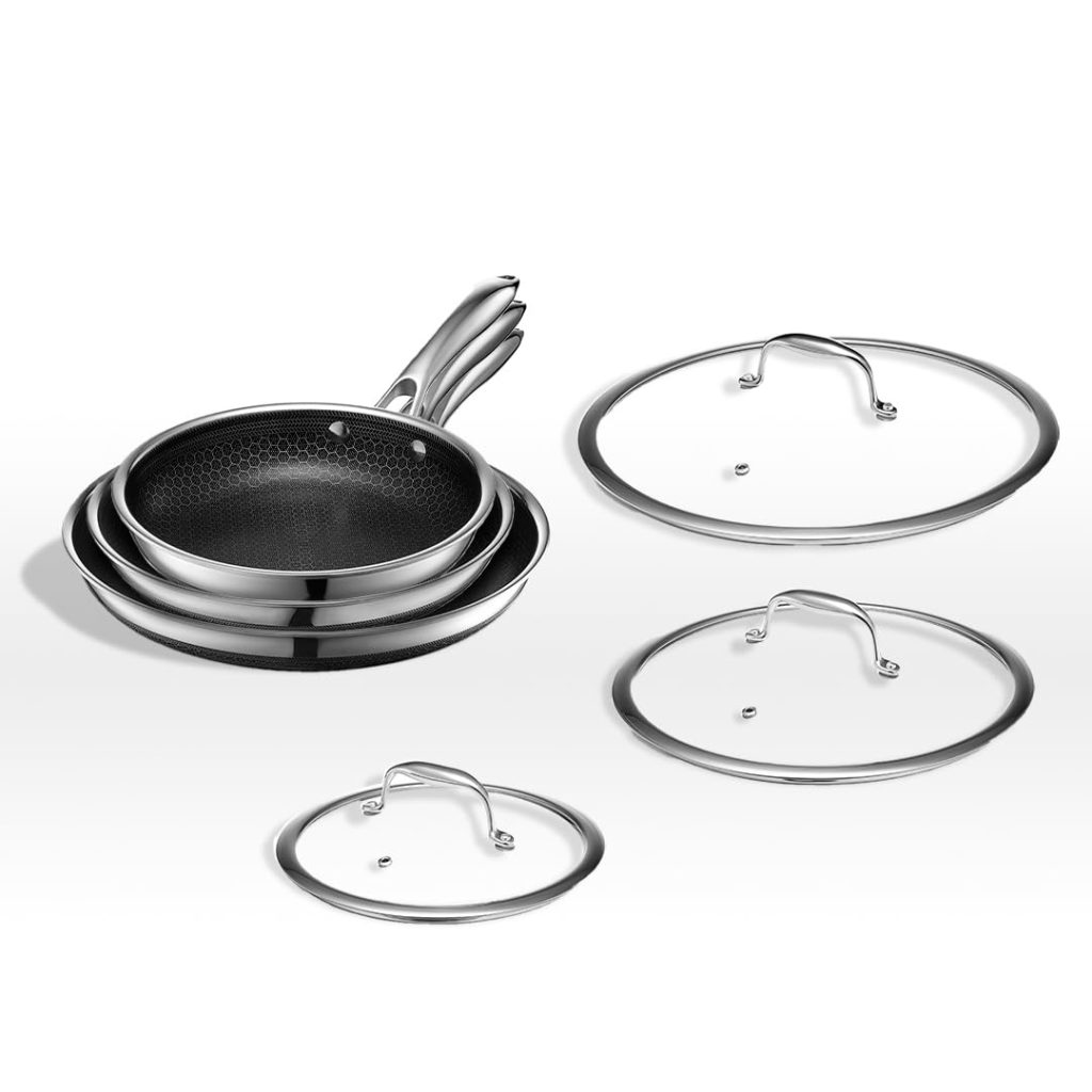 HexClad 6-Piece Hybrid Nonstick Fry Pan Set with Lids, Stainless Steel, 8/10/12-Inch, Oven & Dishwasher Safe